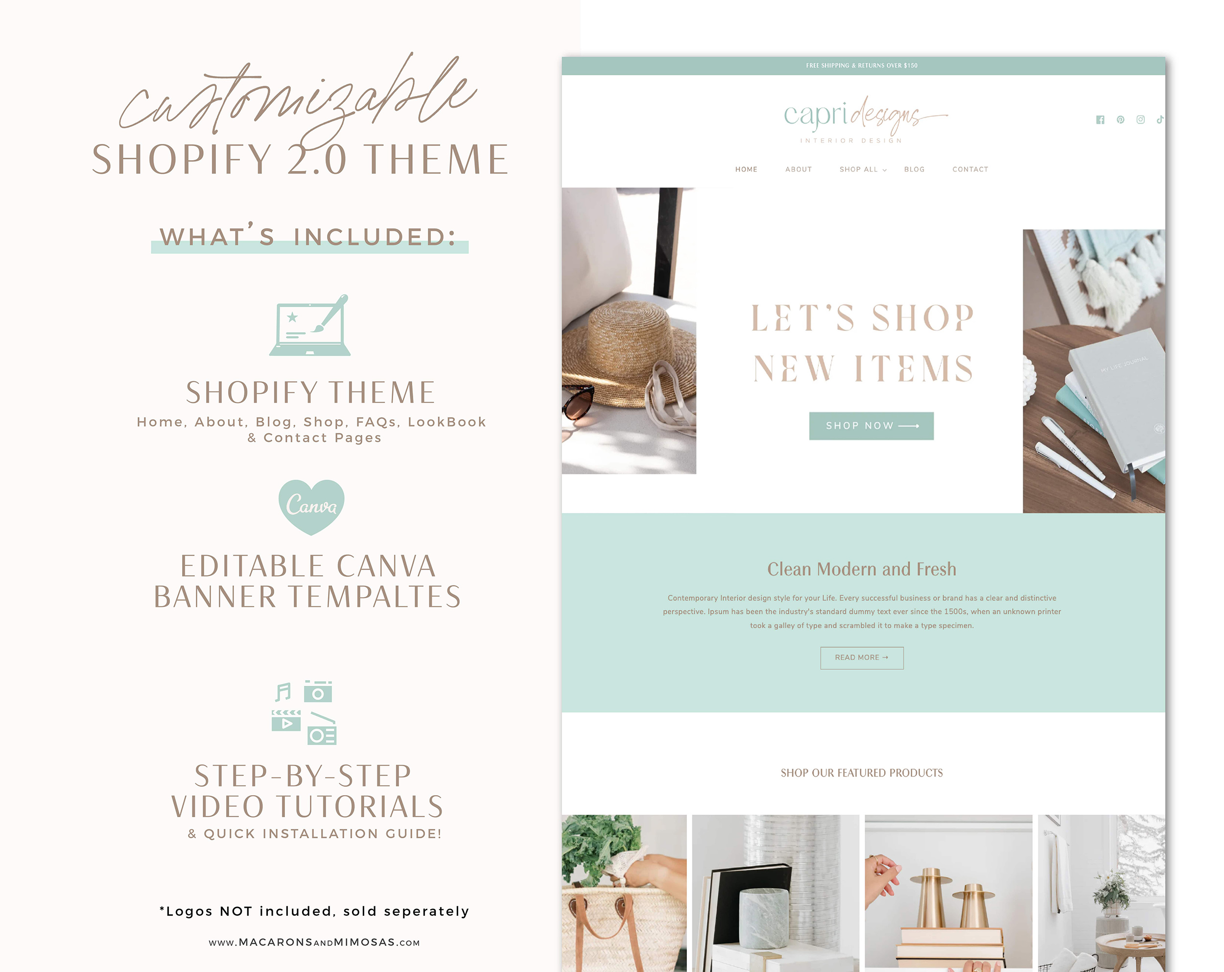 Pretty Shopify Theme Template, Mint Blue Shopify Theme, Clean Website Design Shopify 0S 2.0 Drag and Drop with Canva Banners