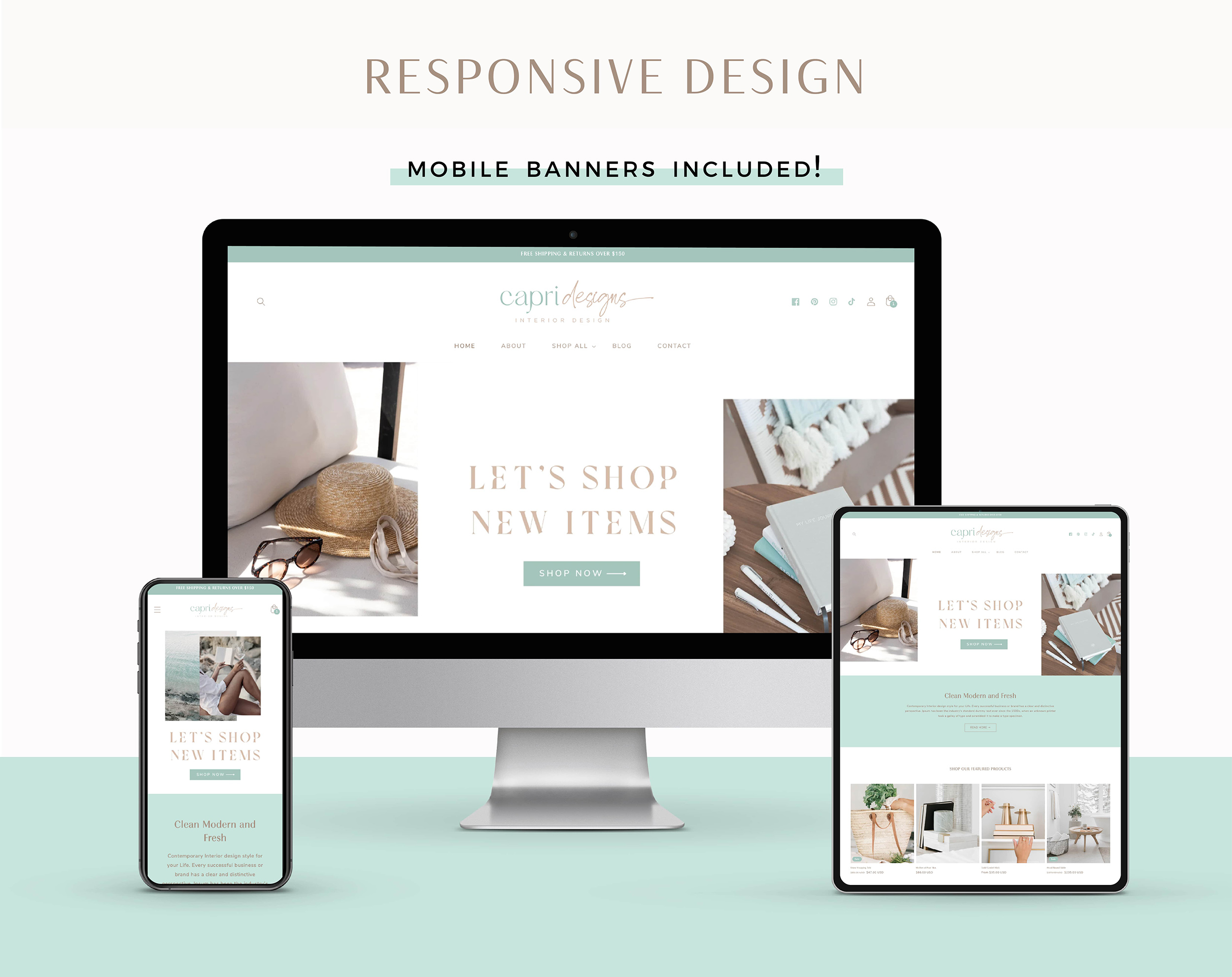 Pretty Shopify Theme Template, Mint Blue Shopify Theme, Clean Website Design Shopify 0S 2.0 Drag and Drop with Canva Banners
