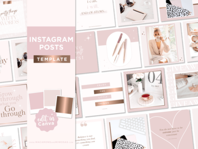 Canva Social Media Templates in Rose Gold to Style Your Instagram Pretty! Includes editable bundle of quotes and feed templates.