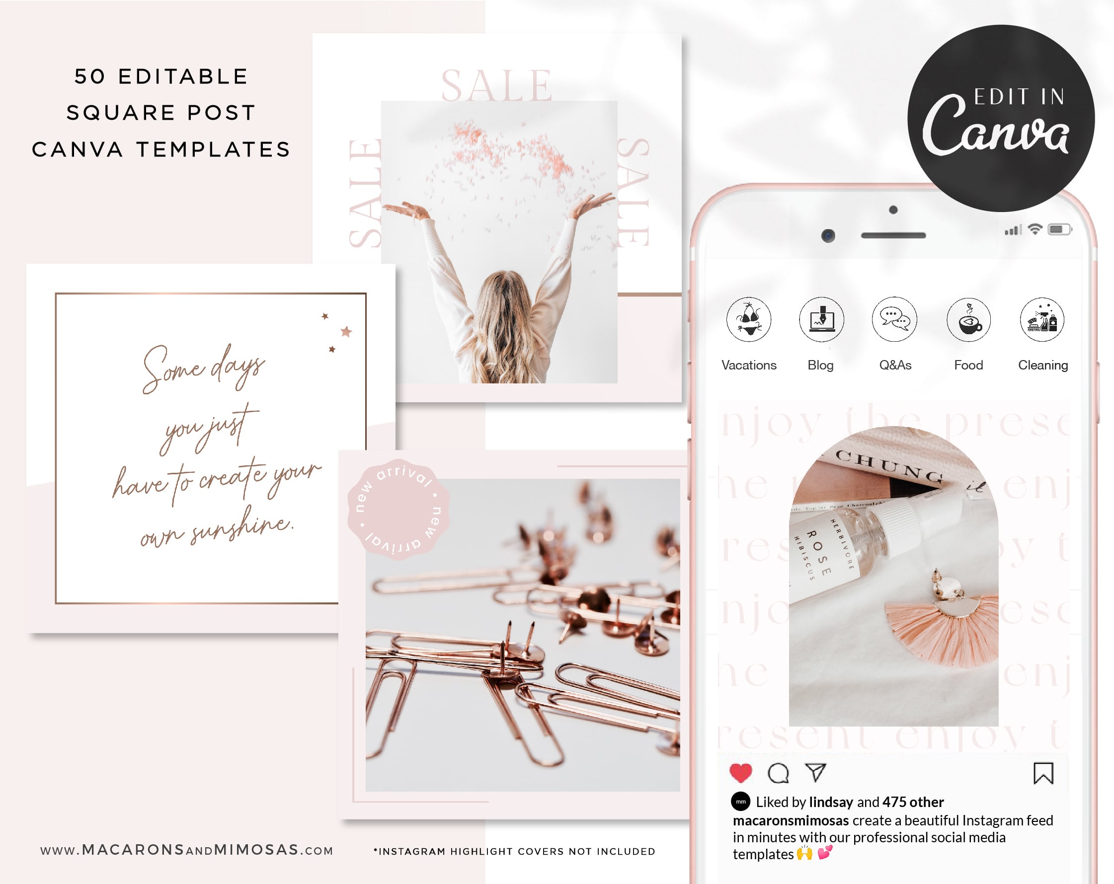 Rose Gold Instagram Post Templates for Canva, Pink Instagram Templates for Stories and Posts, Canva Beauty Templates for Instagram Reels