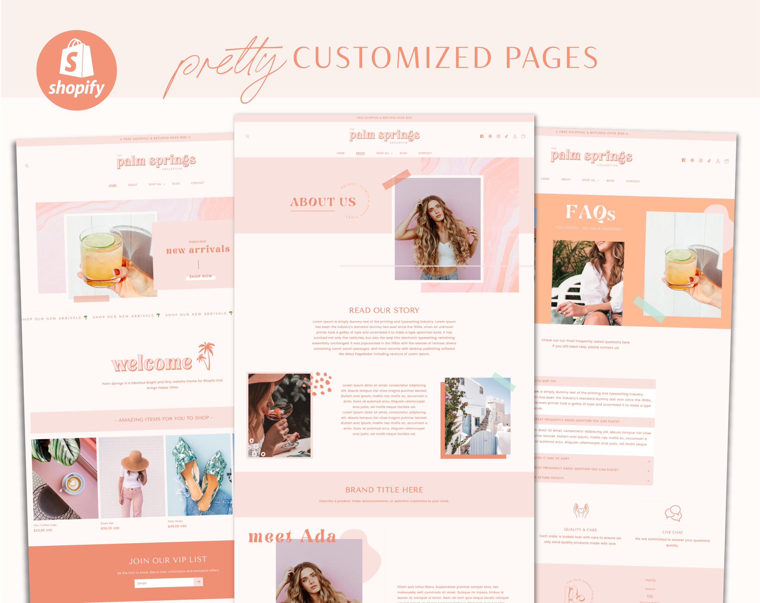 Bright Boho Shopify Theme Template, Pink Shopify Theme, Palm Springs Website Design Shopify 0S 2.0 Drag and Drop with Canva Banners