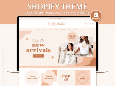 Boho Shopify Theme Template, Bohemian Neutral Shopify Theme, Pastel Website Design Shopify 0S 2.0 Drag and Drop with Canva Banners