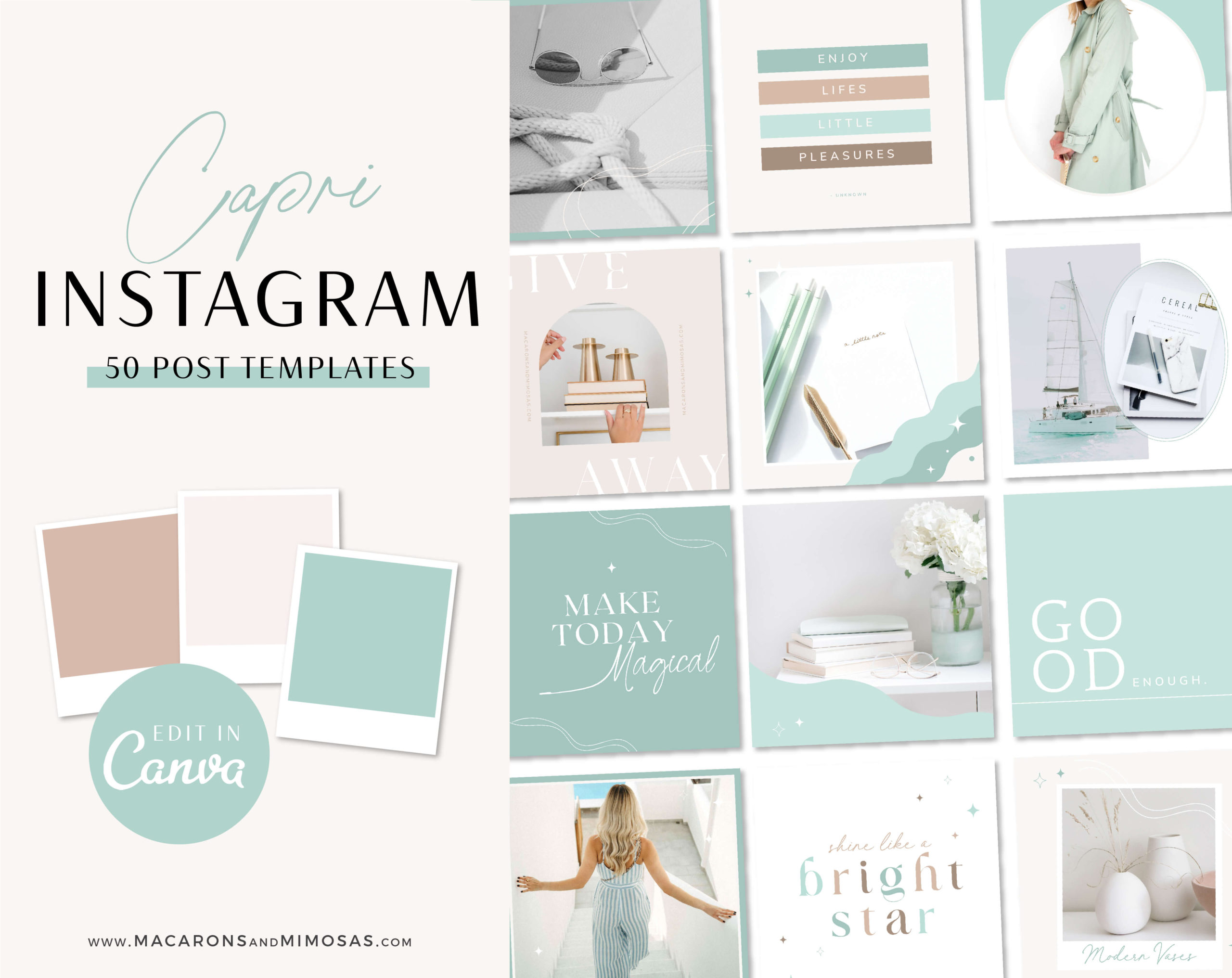 Mint Boho Instagram Templates for Canva, Blue Instagram Templates for Stories and Posts, Tiffany Canva Beauty Templates for Instagram Reels