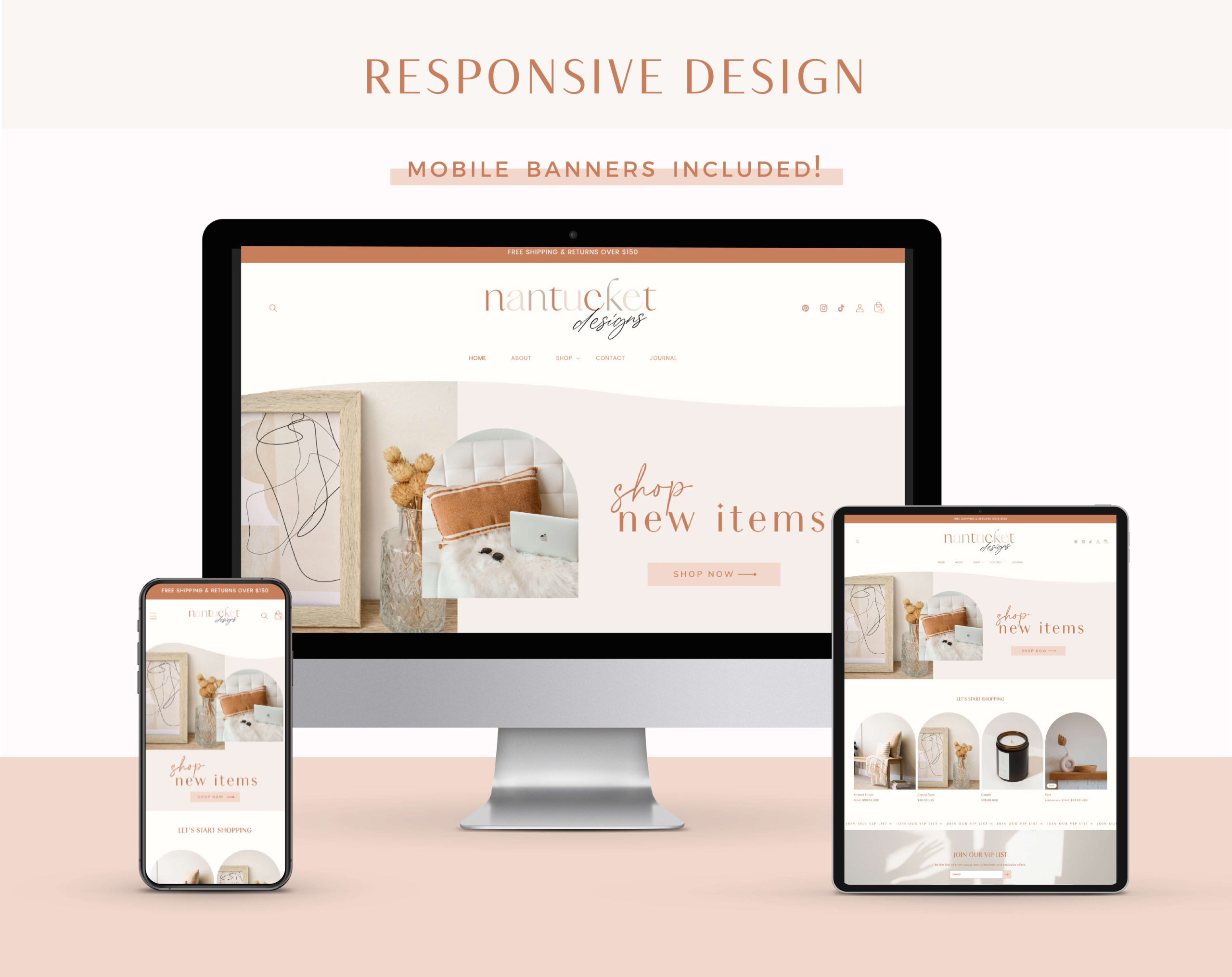 Neutral Beige Boho Shopify Theme Template, Pink Shopify Theme, Website Design Shopify 0S 2.0 Drag and Drop with Canva Banners