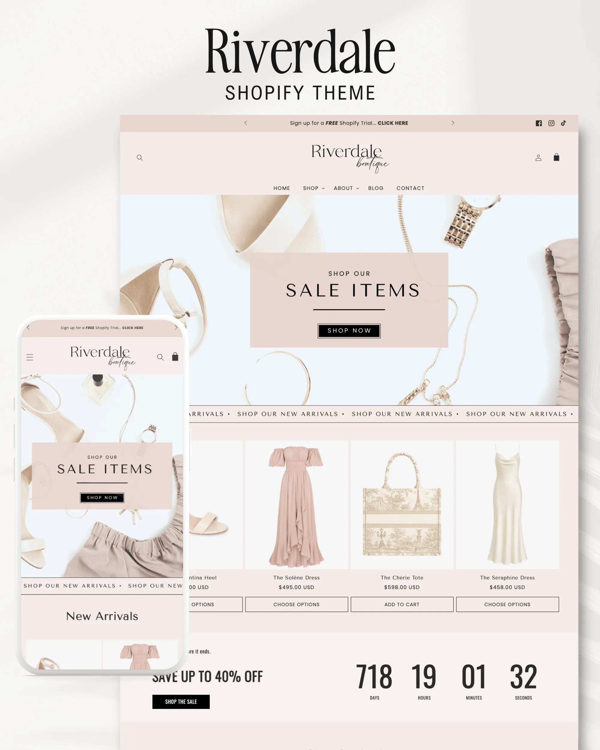 Romantic Pastel Pink Shopify theme layout with built in premium features. No apps
