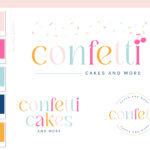 Confetti Birthday Logo Design, Boho Retro Logo, Bright Bohemian 70s Branding Kit, Cherry Cake Bakery Boutique Shop Branding