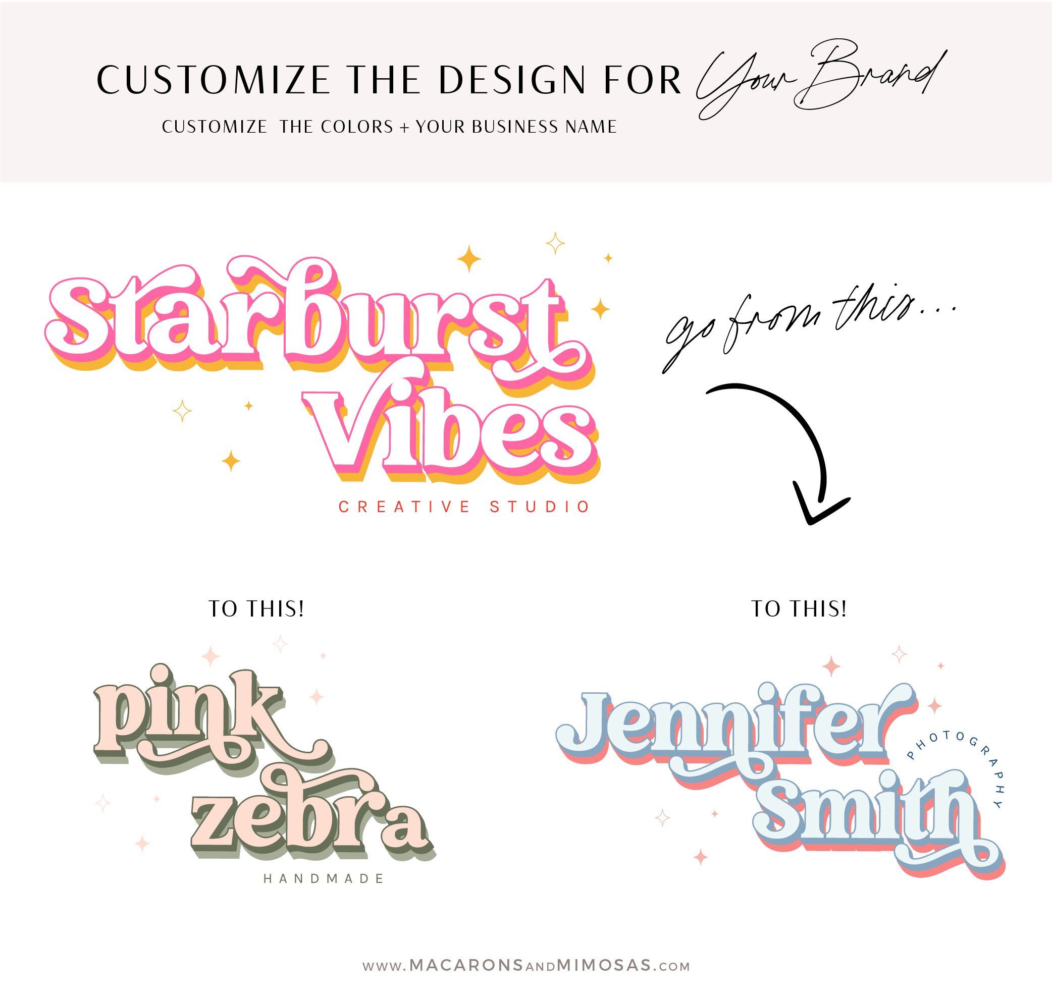Bright Retro Logo Design, Boho Retro & Bright Bohemian 60s 70s Branding Kit, Vintage Text Brand Design, Modern Hippie Boutique Shop Logo, Blog Header Logo