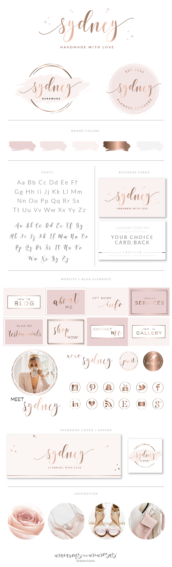 Pretty Rose Gold Logo Set with Stars for Handmade and Small business, Shopify Store logo design for your Theme Template