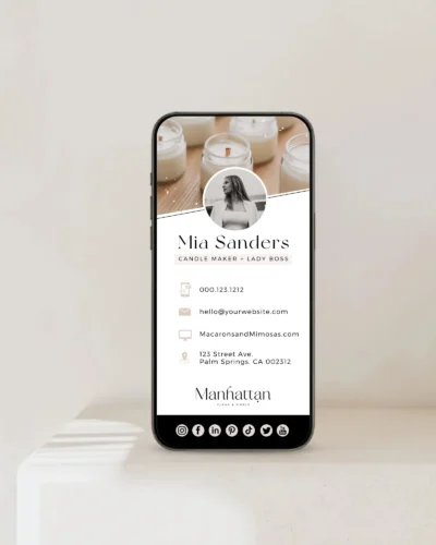 Candle business digital business card editable in Canva with clickable links, How to create Modern Minimalist Blush Digital Business Card
