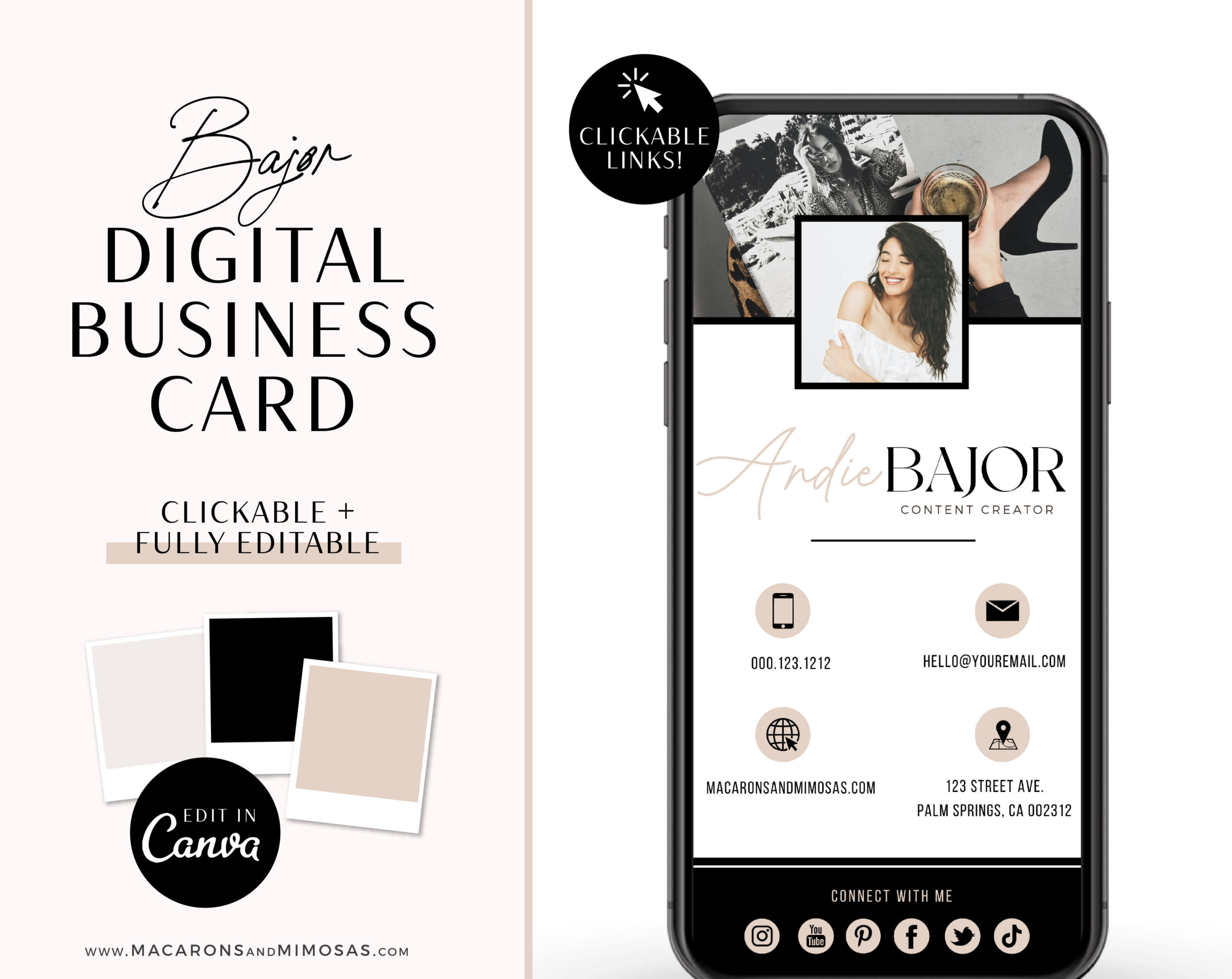 Digital business card Canva template with clickable links, How to create DIY Modern Minimalist Blush Black Real Estate Digital Business Card