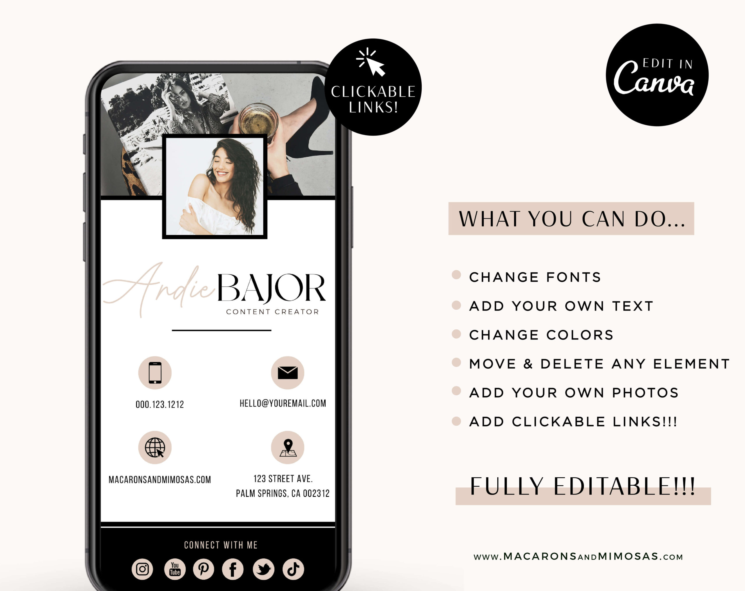 Digital business card Canva template with clickable links, How to create DIY Modern Minimalist Blush Black Real Estate Digital Business Card