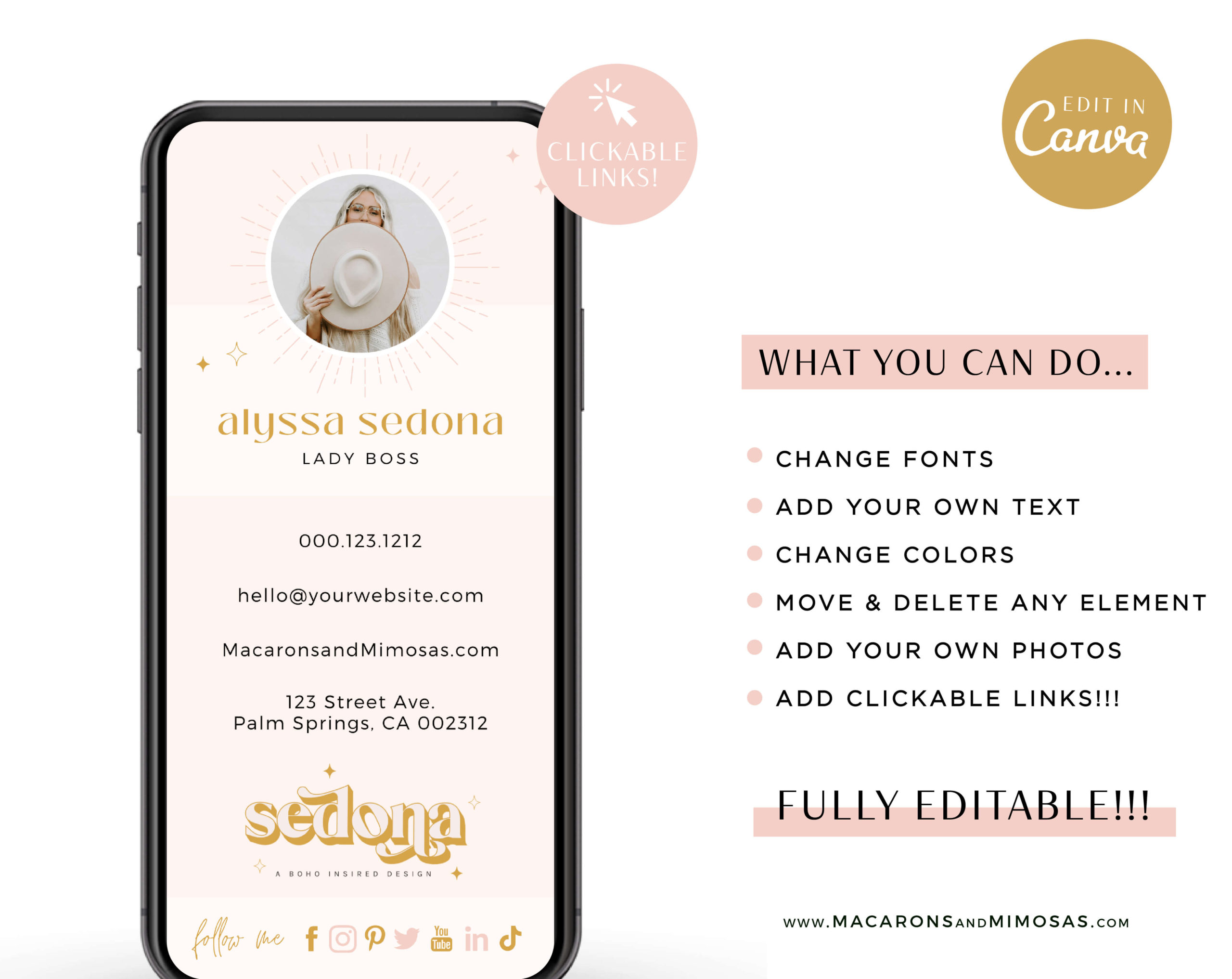 Boho Digital Business Card Template editable in Canva with clickable links, How to create your DIY Pink Real Estate Digital Business Card