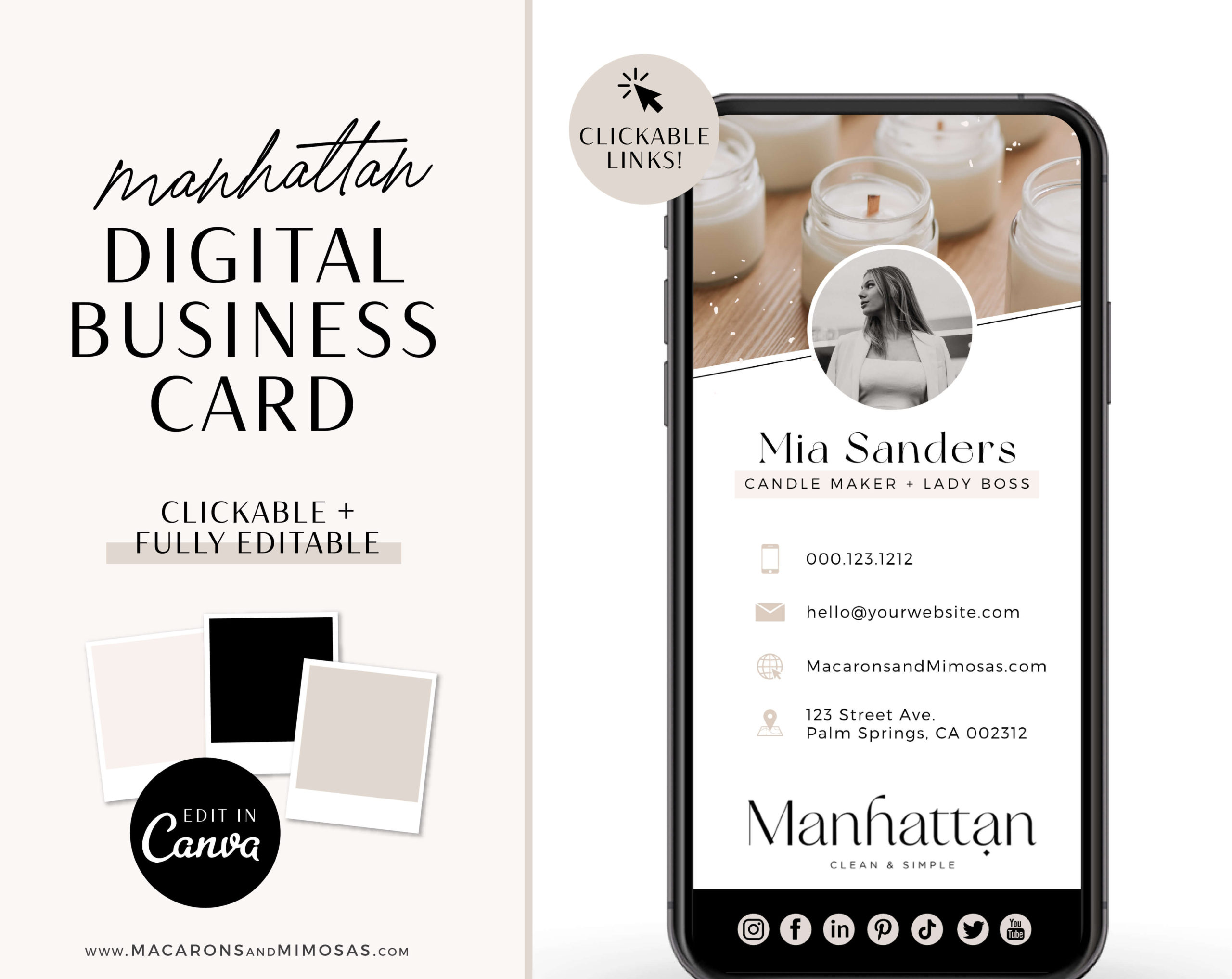 Candle business digital business card editable in Canva with clickable links, How to create Modern Minimalist Blush Digital Business Card