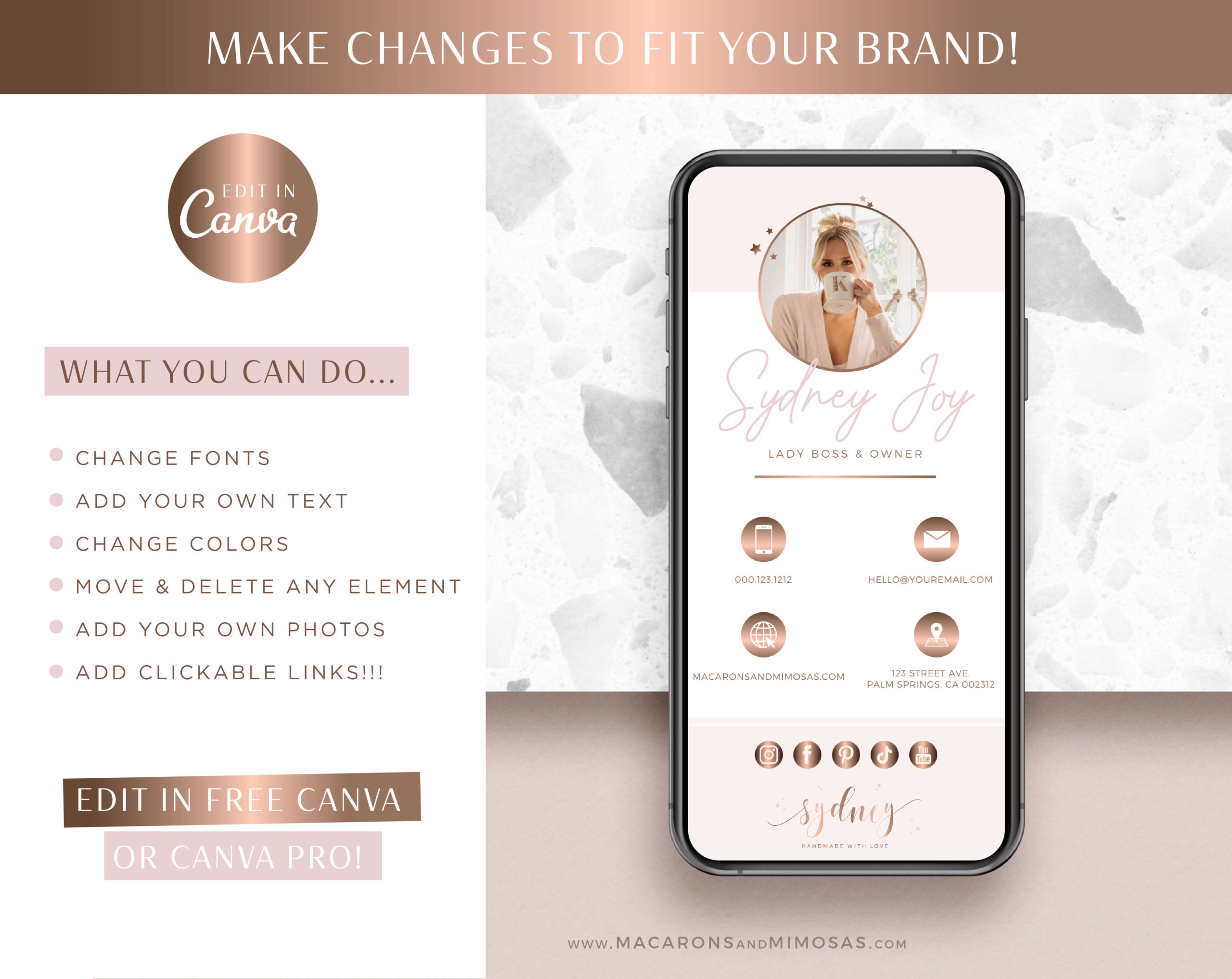 Rose Gold Pink Digital Business Card editable in Canva with clickable links, How to create your DIY Pink Real Estate Digital Business Card