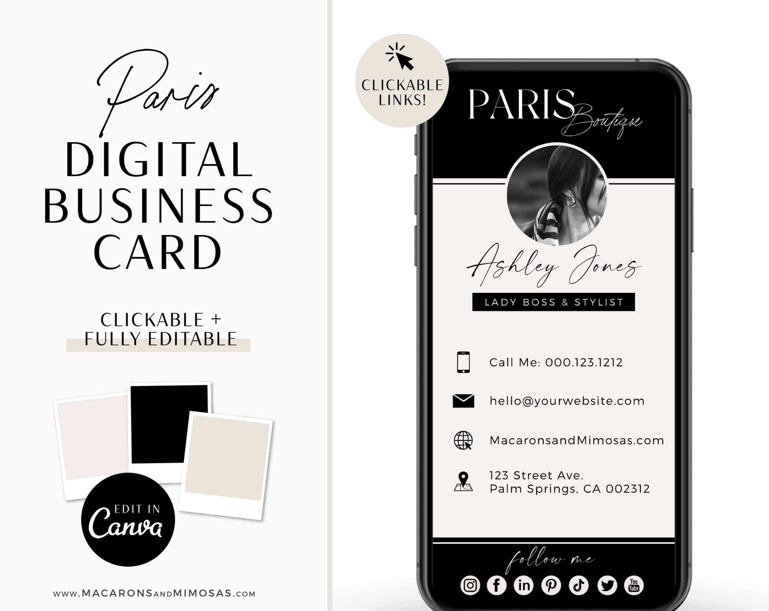 Modern digital business card template with clickable links, How to create DIY Modern Minimalist Blush Black Real Estate Digital Business Card