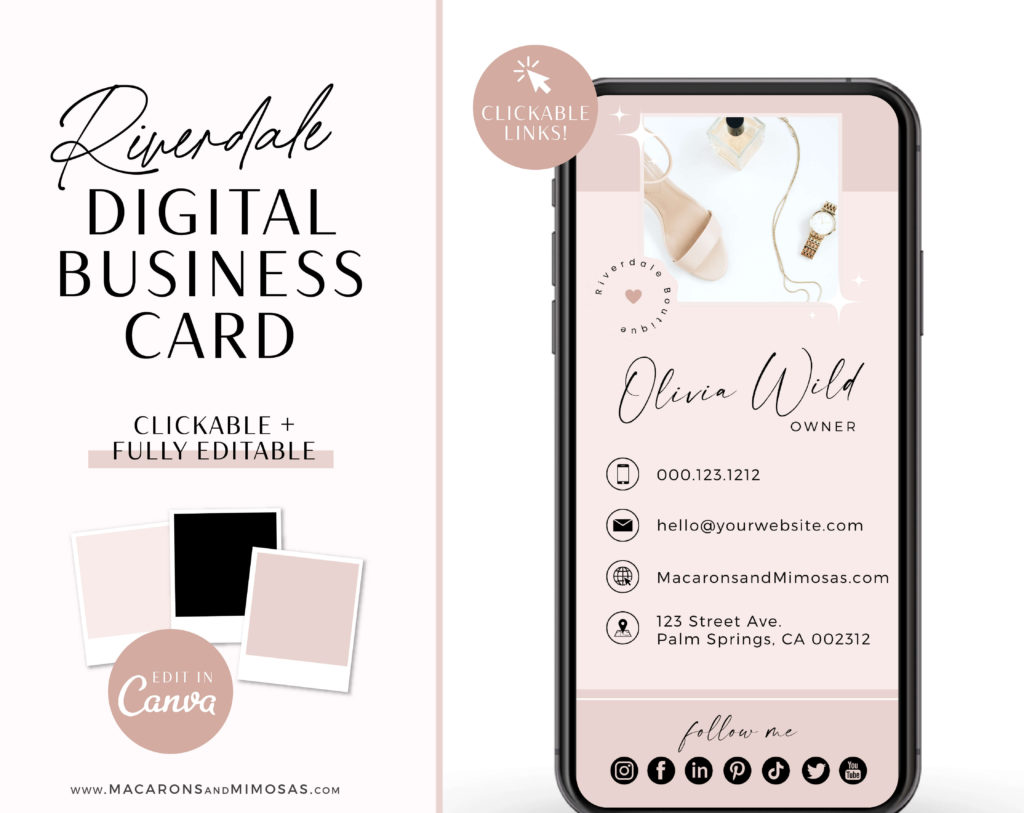 Pink digital business card template • Macarons and Mimosas