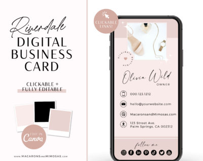 Pink digital business card template with clickable links, How to create DIY Modern Minimalist Blush Black Real Estate Digital Business Card