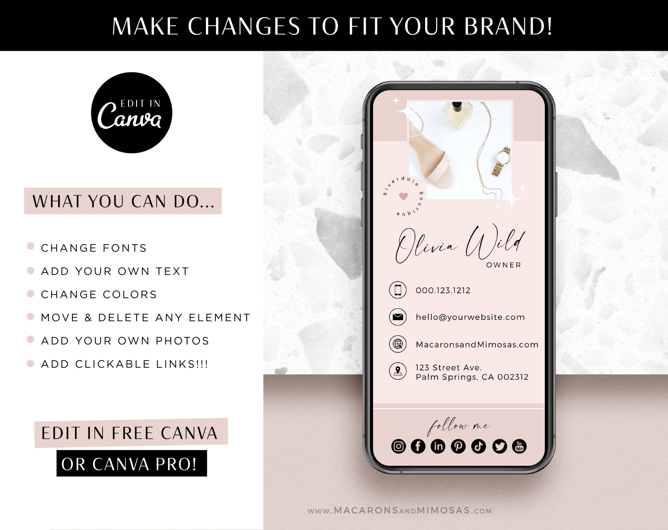 Pink digital business card template with clickable links, How to create DIY Modern Minimalist Blush Black Real Estate Digital Business Card