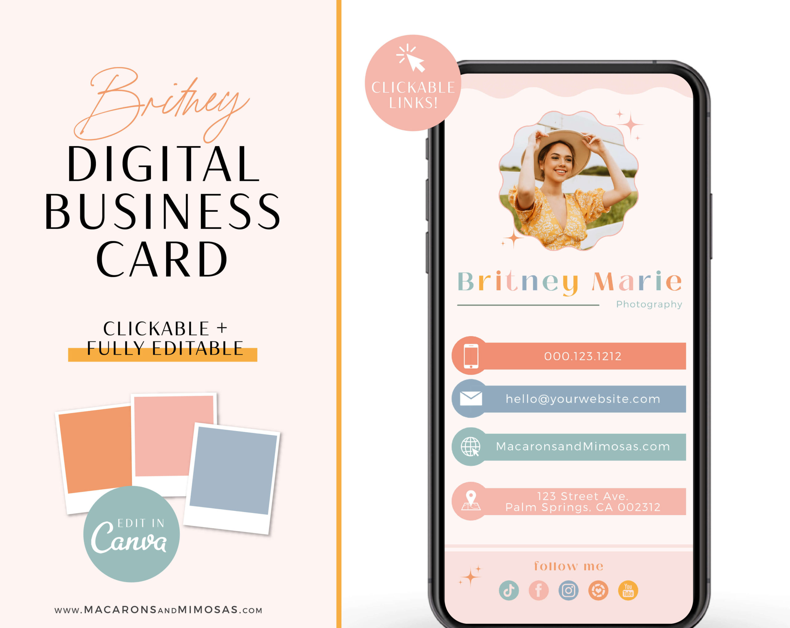 Bright Retro Digital business card template with clickable links, How to create DIY Modern Boho Pink Digital iPhone business card, Retro Digital Business Card