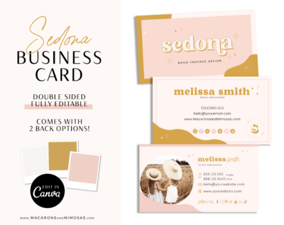 Boho Business Card Template for Canva, How to create DIY Modern Retro Pink Bohemian Business Card Designs