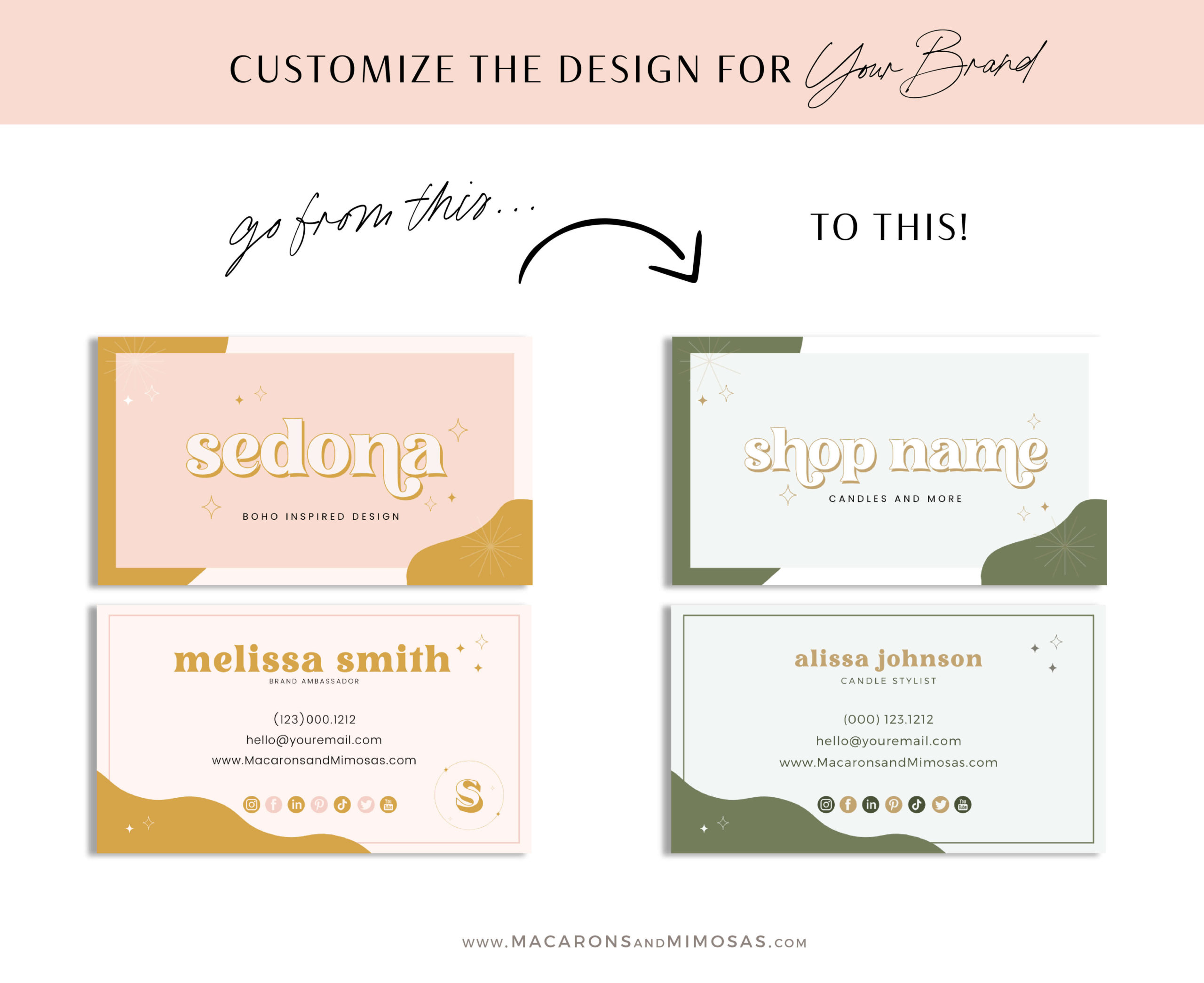 Boho Business Card Template for Canva, How to create DIY Modern Retro Pink Bohemian Business Card Designs, Pink Boho Business Card Template