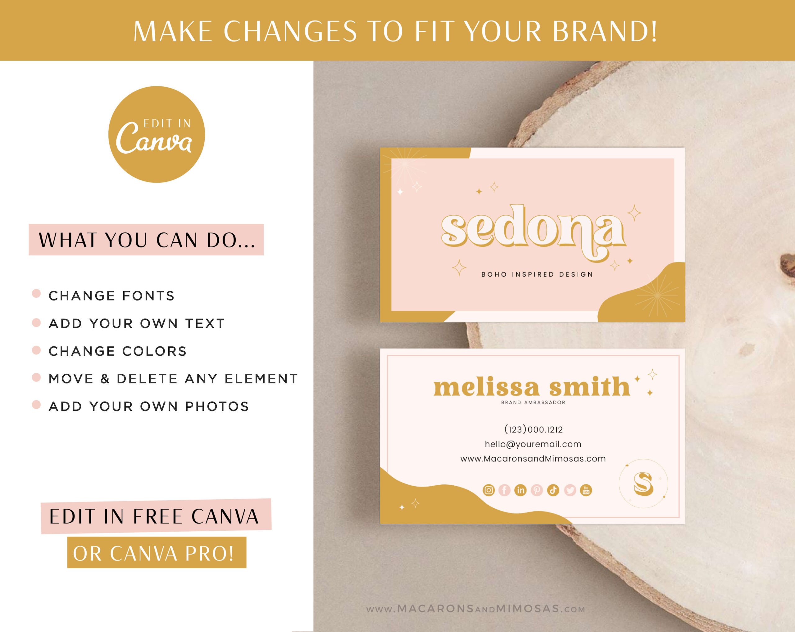 Boho Business Card Template for Canva, How to create DIY Modern Retro Pink Bohemian Business Card Designs, Pink Boho Business Card Template