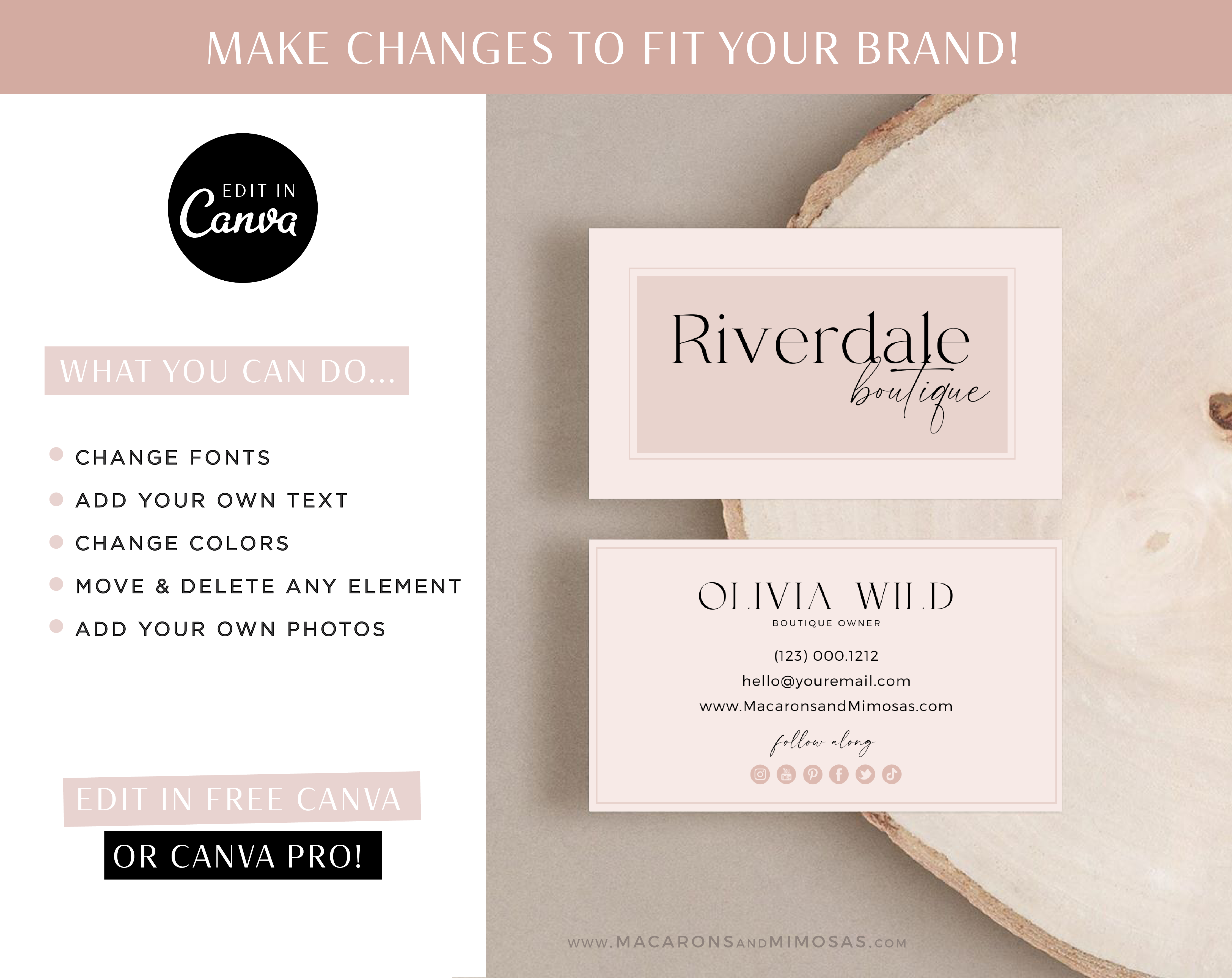 pretty pink business card design Template for Canva, How to create modern minimalist Canva Real Estate Business Card Designs