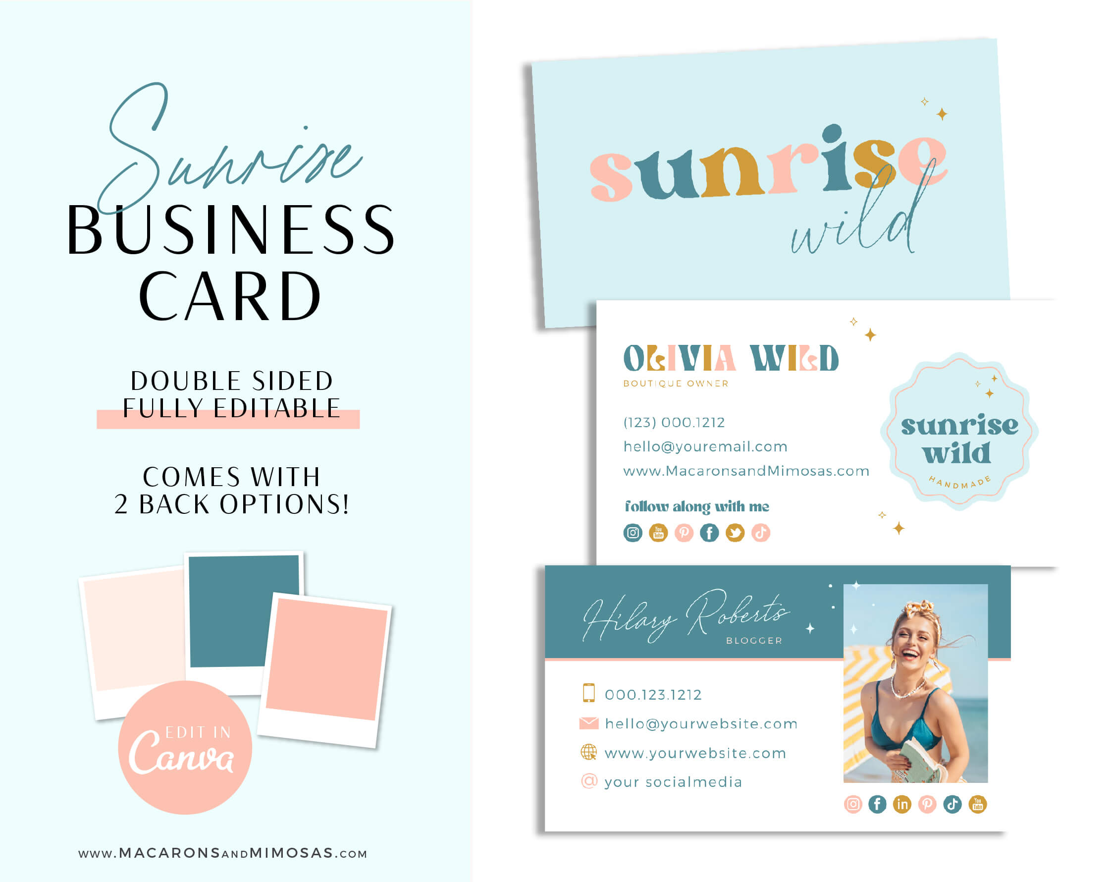 Colorful boho business card template for canva, Create your retro 70s 60s modern minimalist Canva digital Business Card Designs
