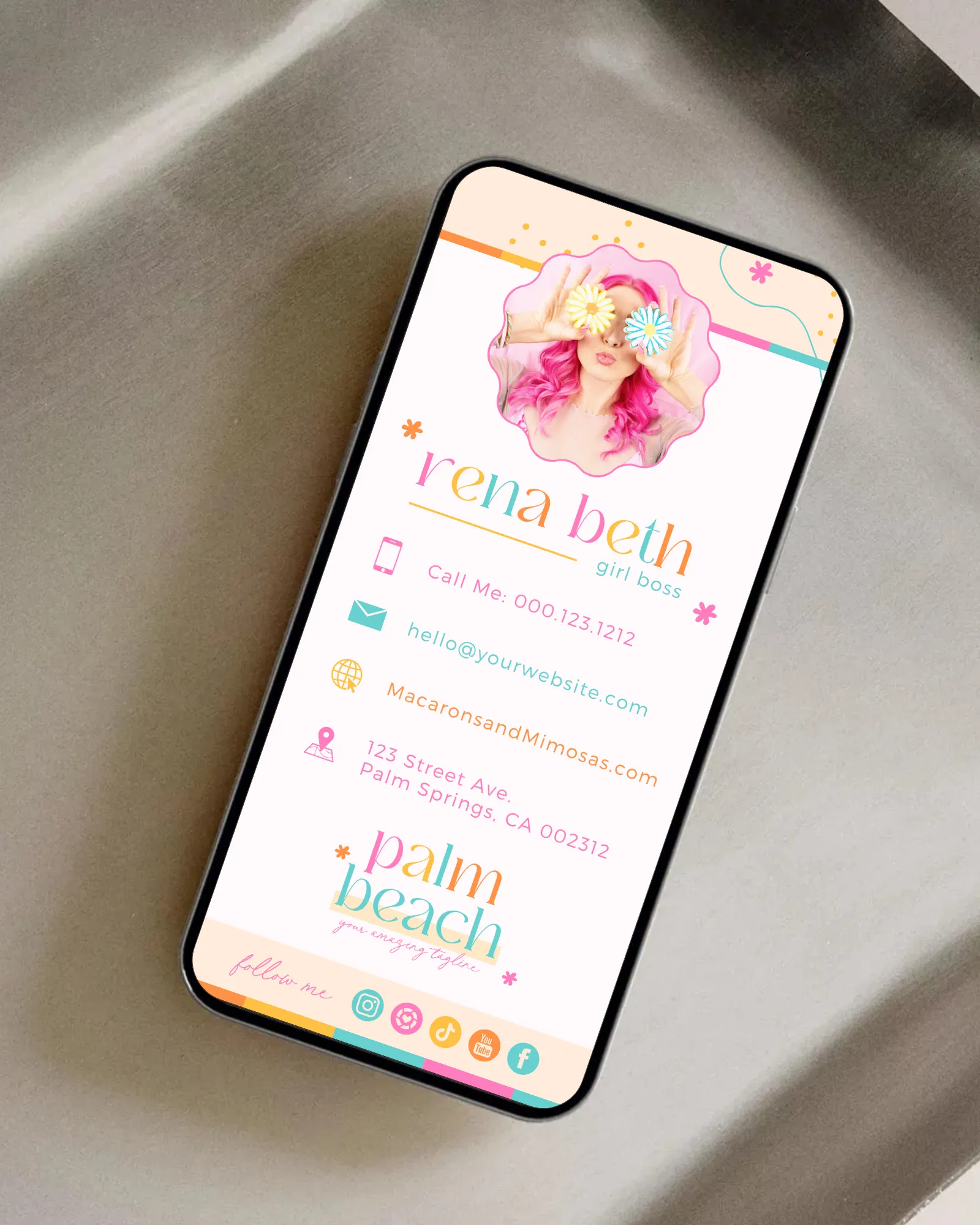 Bright Retro Flower Digital Business Card Template Edit in Canva with Clickable Links