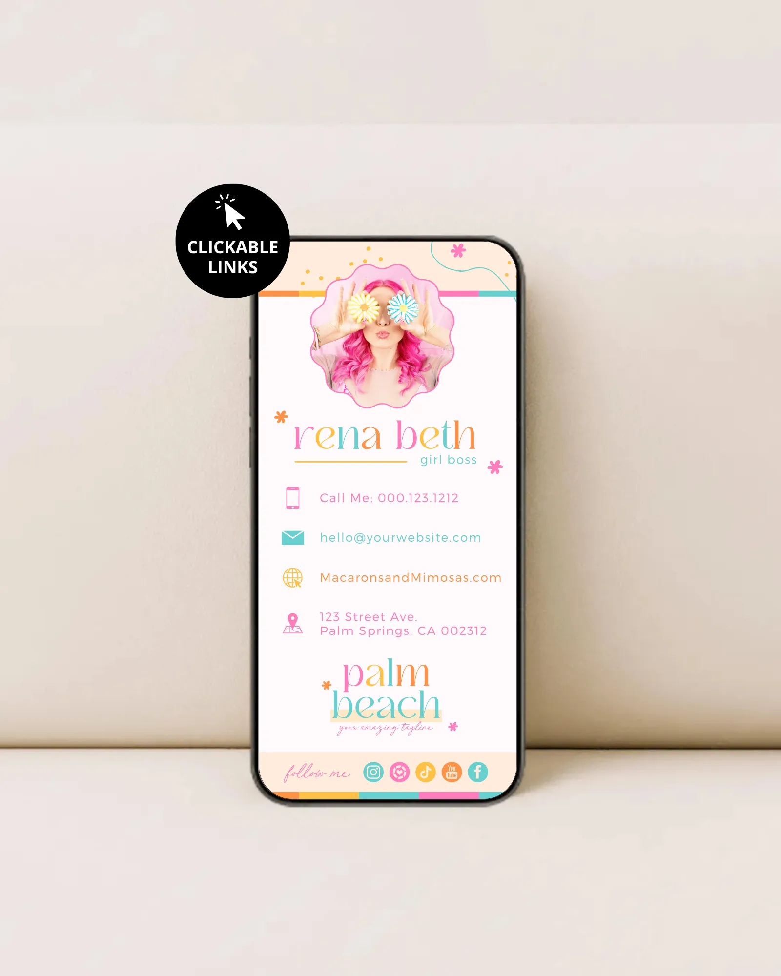 Bright Retro Flower Digital Business Card Template Edit in Canva with Clickable Links