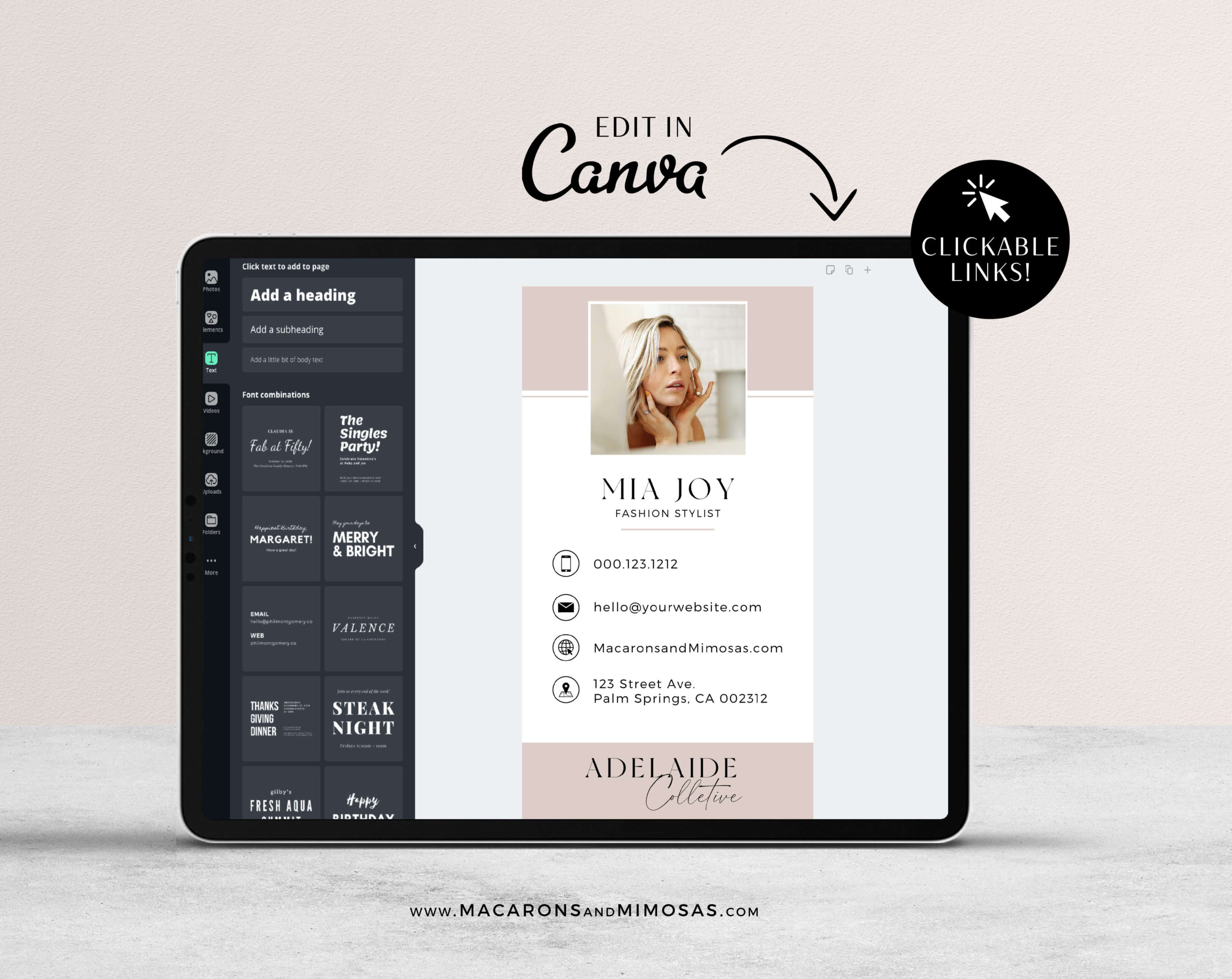 Pink Digital business card Canva template with clickable links, How to create DIY Modern Minimalist Black Real Estate Digital Business Card