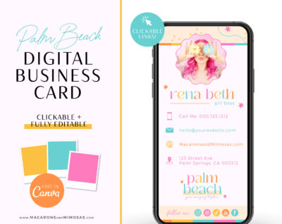 Bright Retro Digital Business Card Template editable in Canva with clickable links, DIY Flower Child Retro Bright Colorful Coach Digital Business Card