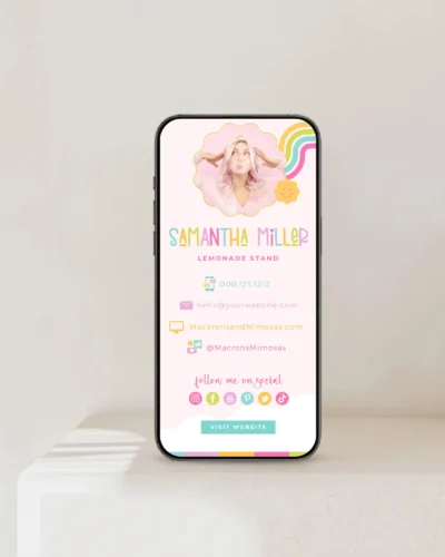 Bright Rainbow Lemonde Stand Digital Business Card Template for Canva with Social Media Clickable links