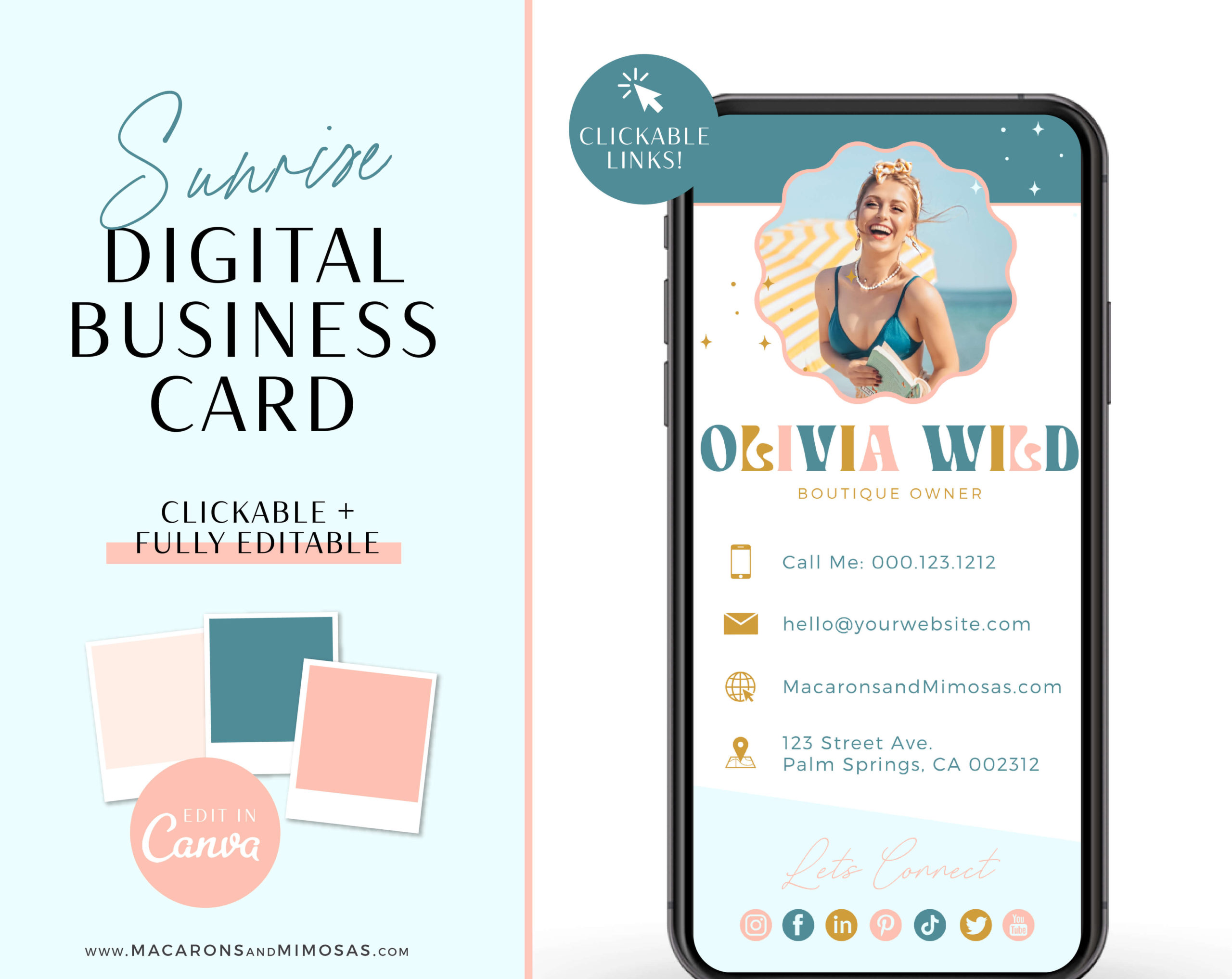 Colorful boho digital business card Template editable in Canva with clickable links, How to create your DIY Retro Digital Business Card