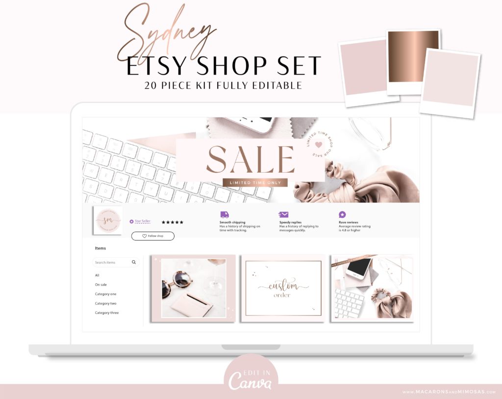 Rose Gold Etsy Banner Set with Banners• Macarons and Mimosas