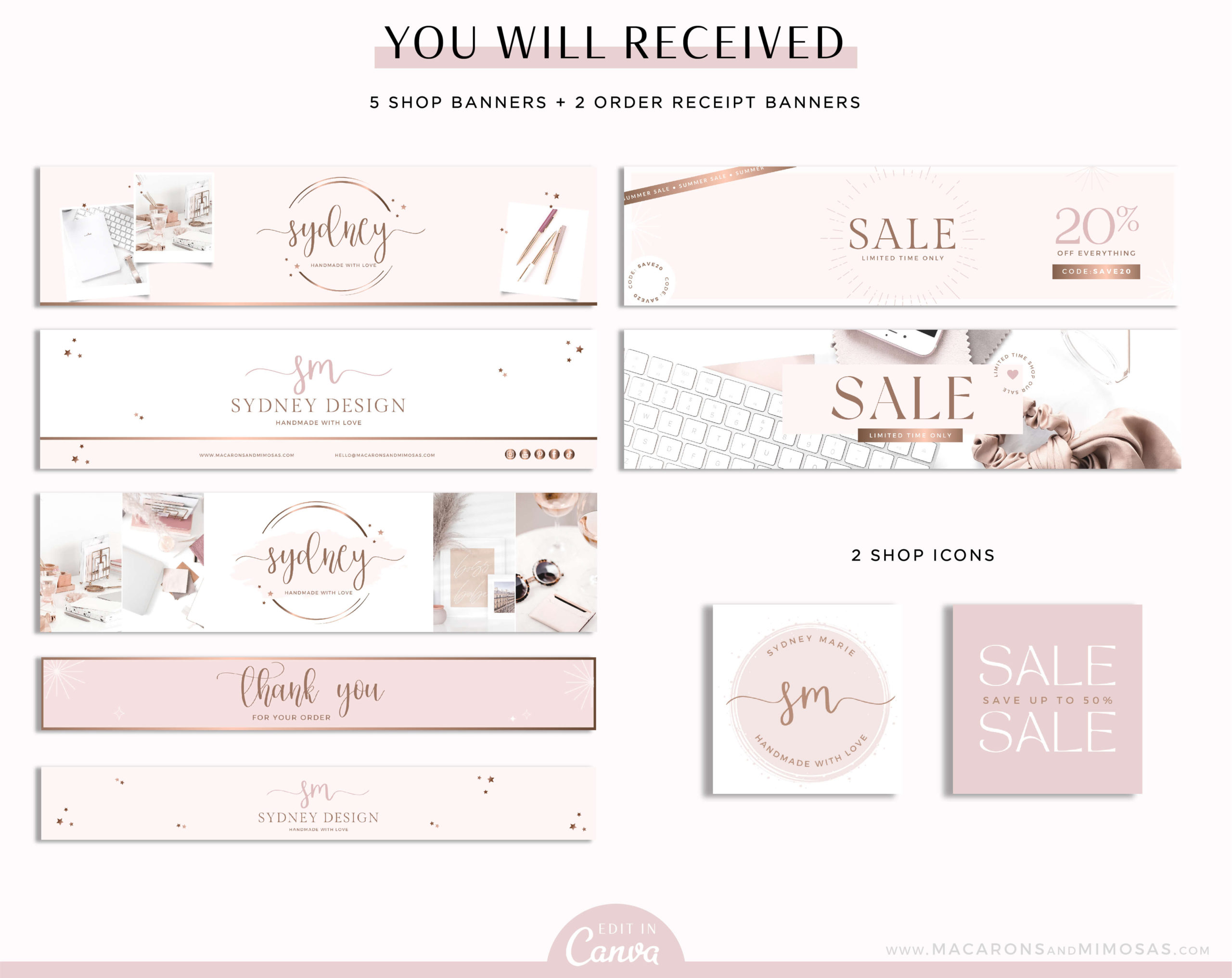 Rose Gold Etsy Banner Set, Brand your Etsy Shop Business with feminine Logos and Branding Kit, Pretty Pink Etsy Shop Kit, Etsy Templates
