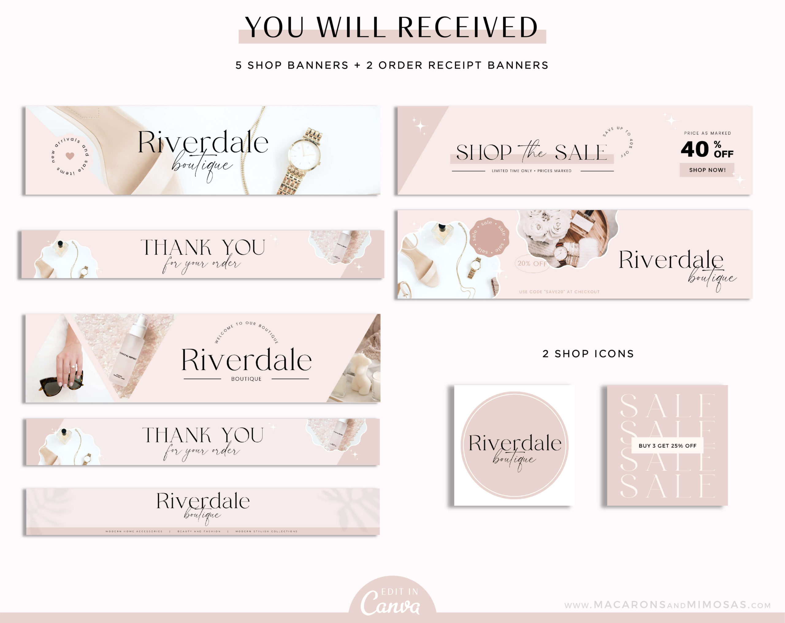 Etsy Banner Set Pink, Brand your Etsy Shop Business with Feminine Logos and Branding Kit, Black and Pink Etsy Shop Kit, Etsy Templates
