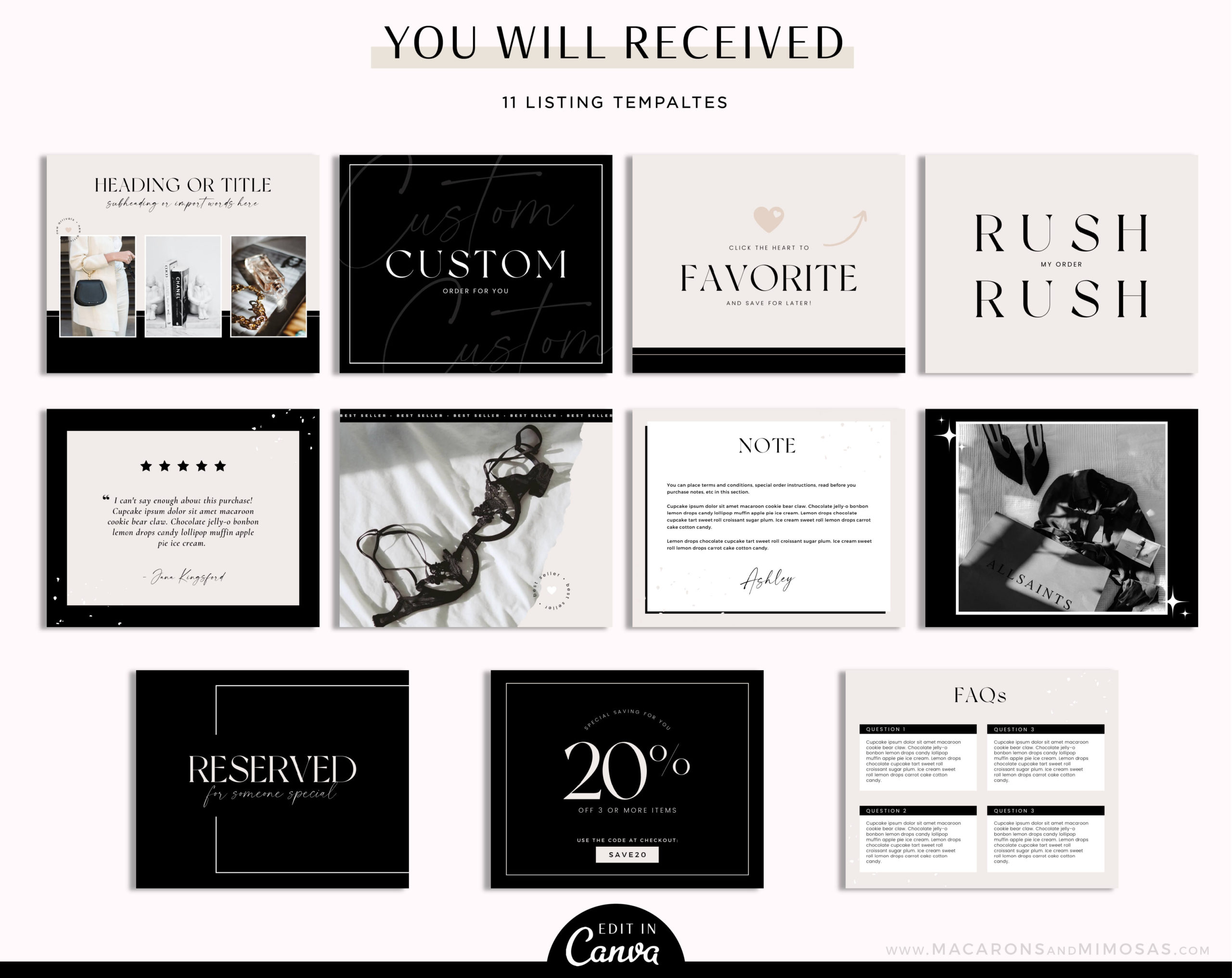 Luxe Etsy Banner Set, Brand your Etsy Shop Business with minimalist Logos and Branding Kit, Black and White Etsy Shop Kit, Etsy Templates