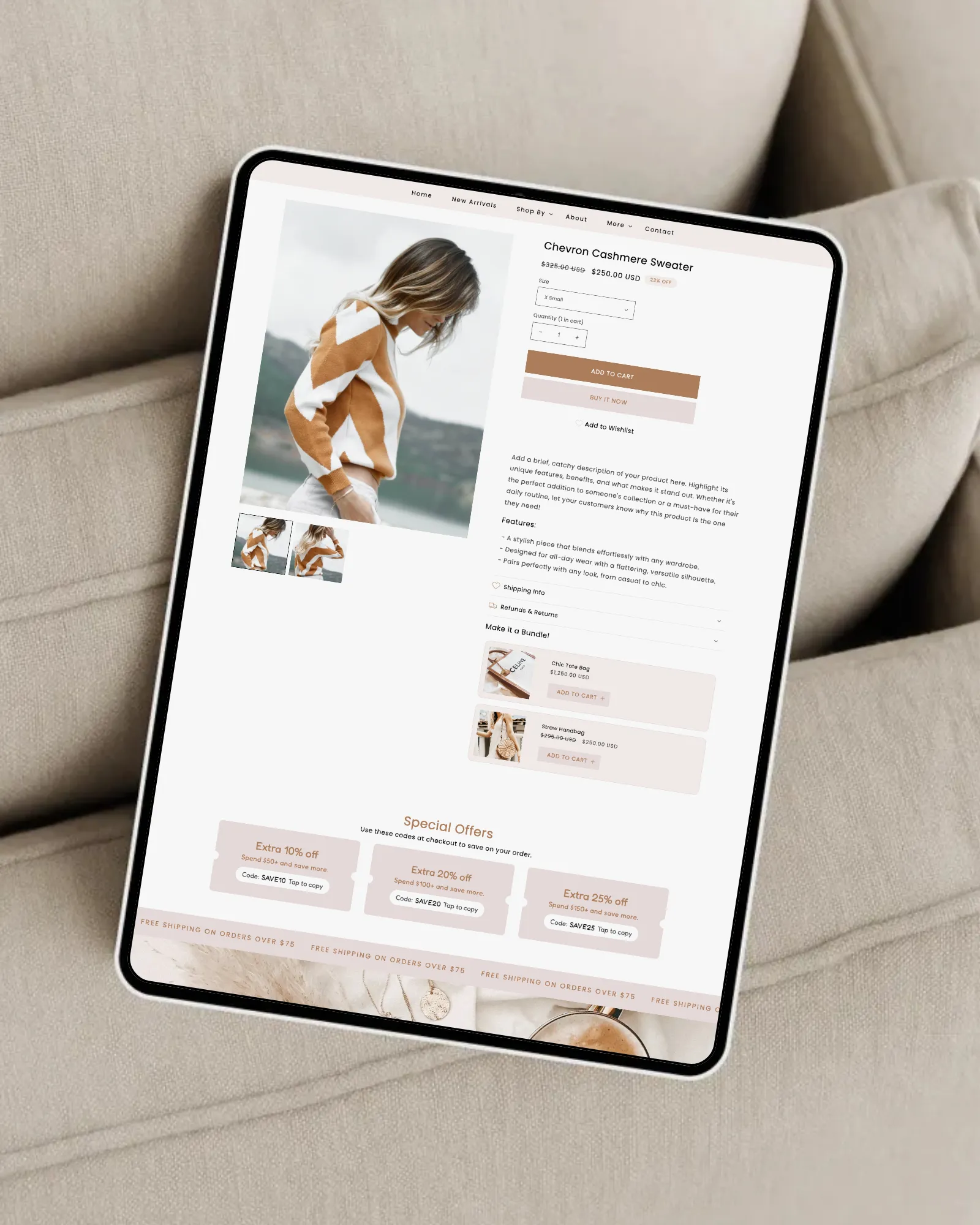 Boutique fashion Shopify theme product page layout with neutral tones
