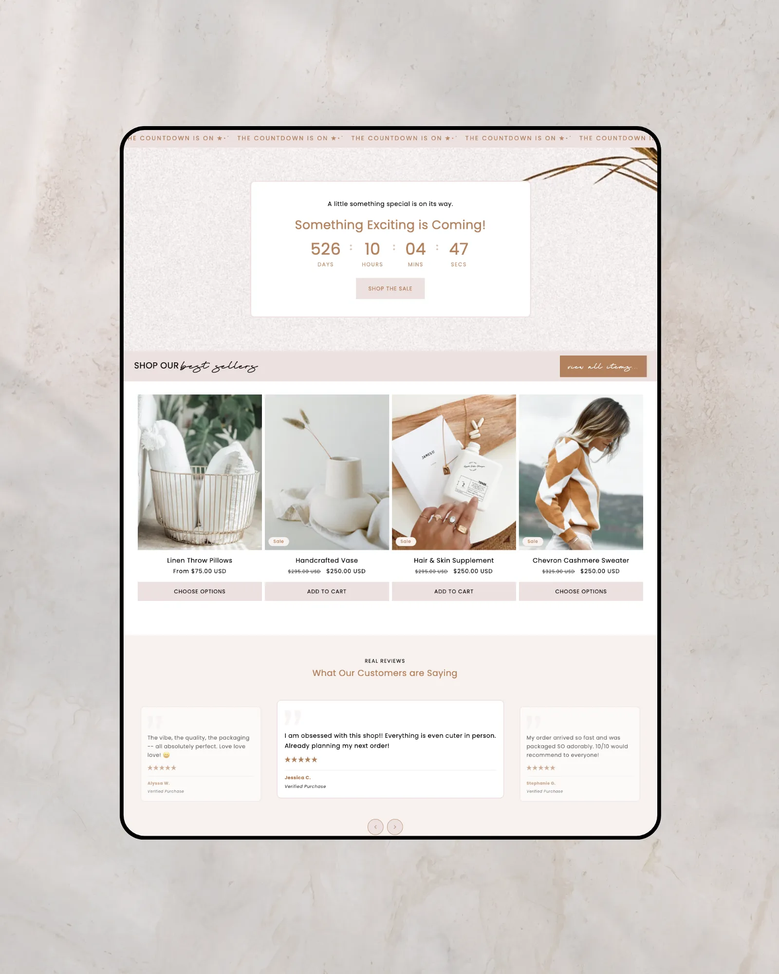 Boutique fashion Shopify theme product page layout with neutral tones