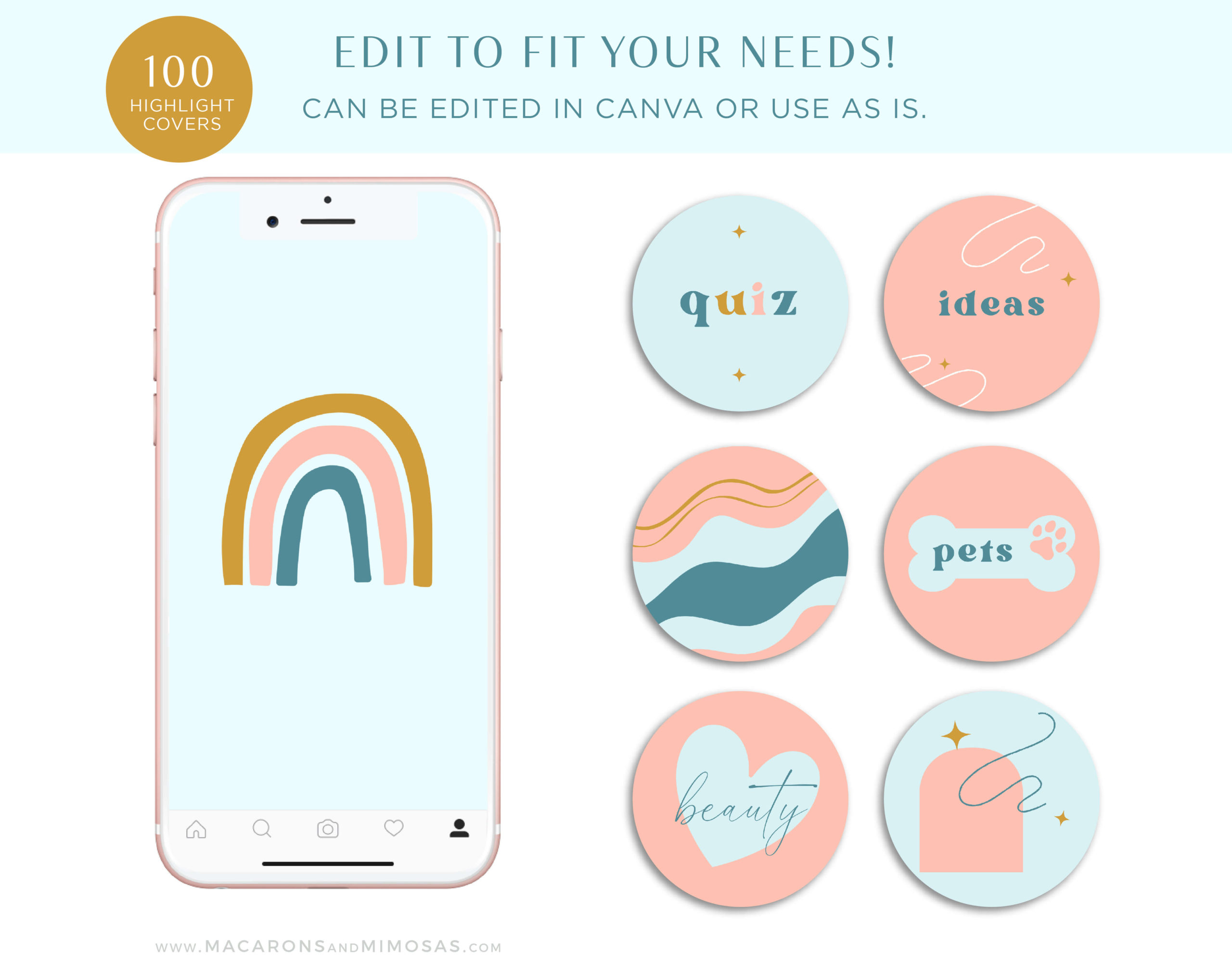 Canva Instagram Highlights Bright, DIY Covers for Instagram Stories, Colorful Boho IG Highlight Covers, Blue Instagram Covers Icon Pack