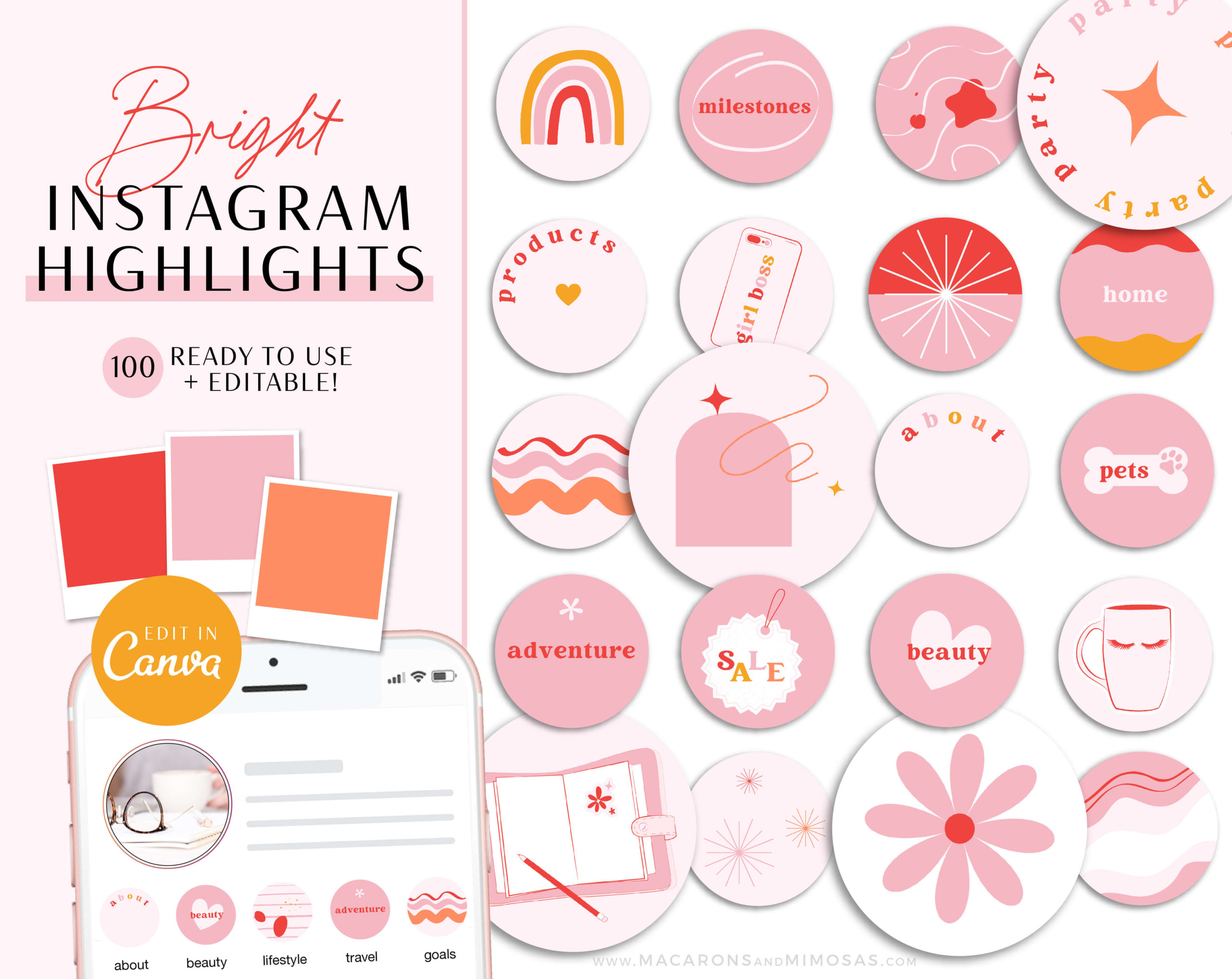 Bright Boho Instagram Highlight Covers, Covers for Instagram Stories Minimal, Pink IG Highlight Covers, Canva Instagram Highlight Icons Pack