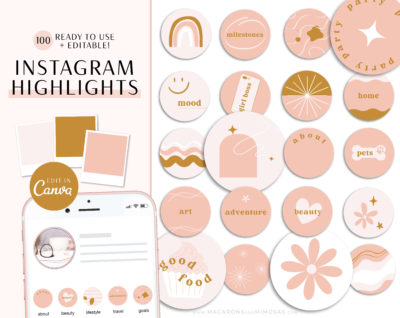 Boho Instagram Highlight Covers, Covers for Instagram Stories Minimal, Pink IG Highlight Covers, Canva Instagram Highlight Icons Pack