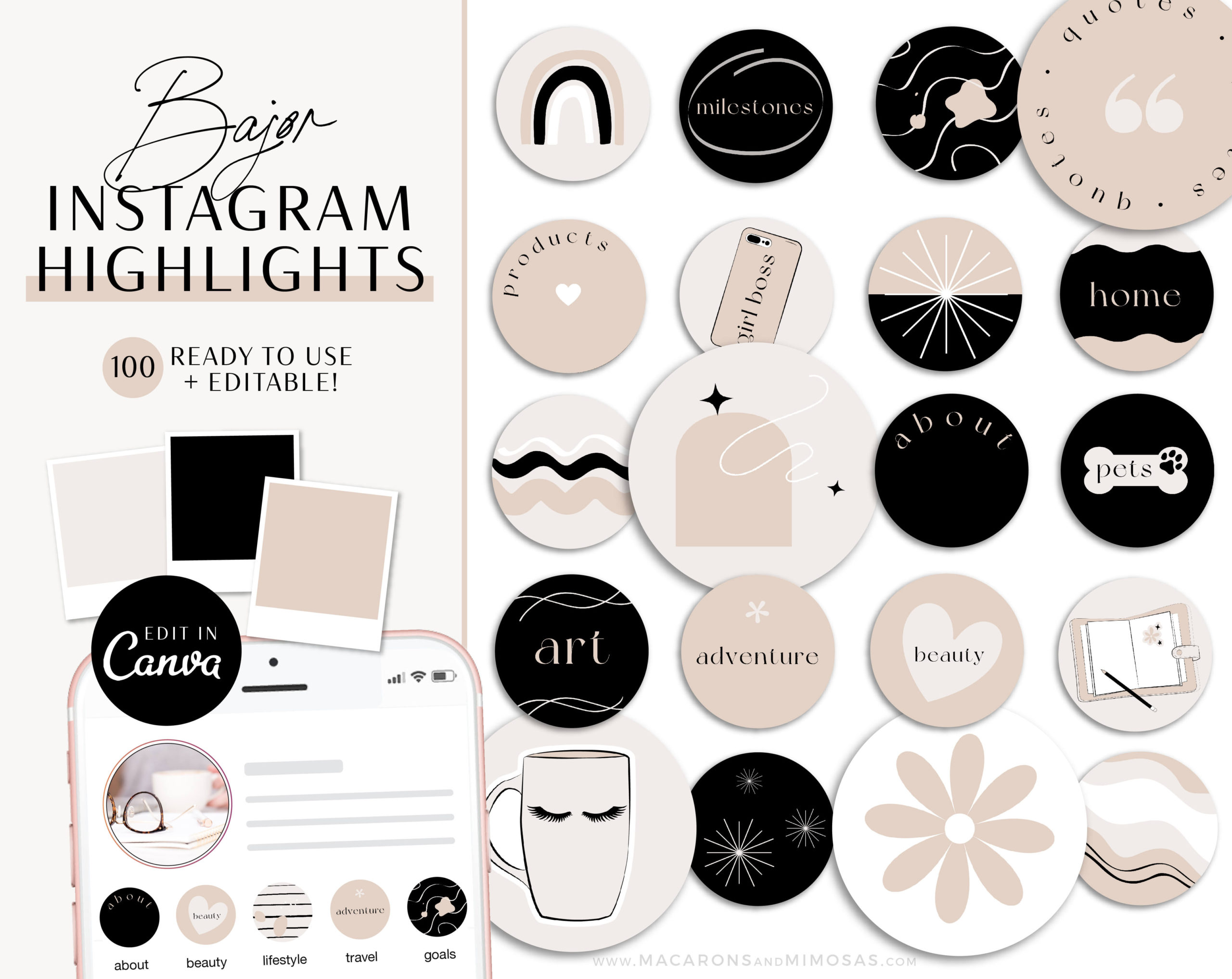 Instagram Highlights Nude and Black, Covers for Instagram Stories Minimal, Beight IG Highlight Covers, Canva Instagram Highlight Icons Pack