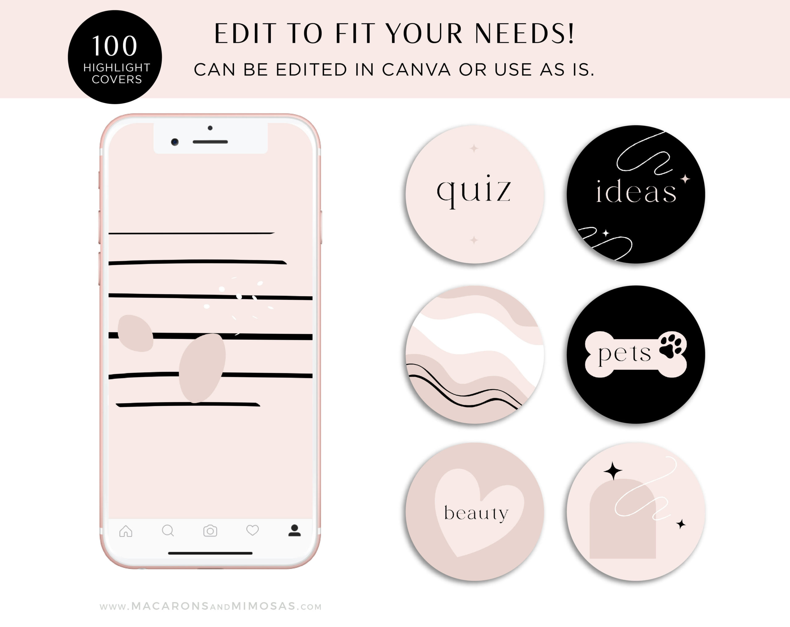 Instagram Highlight Icons Pink Minimal, Instagram Story Covers, Beauty Fashion Instagram Highlight Icons, Canva Boho IG Highlight Cover Pack