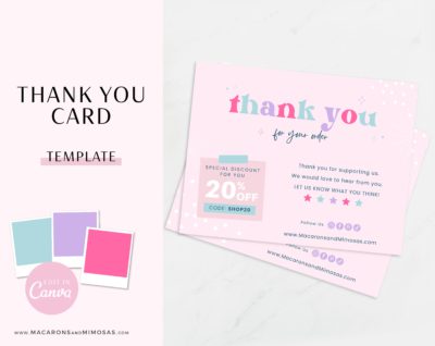 Canva thank you card Template in bright pink and purple, Customizable fun and colorful Packaging Insert Card, DIY Aesthetic Discount Coupon Thank You design