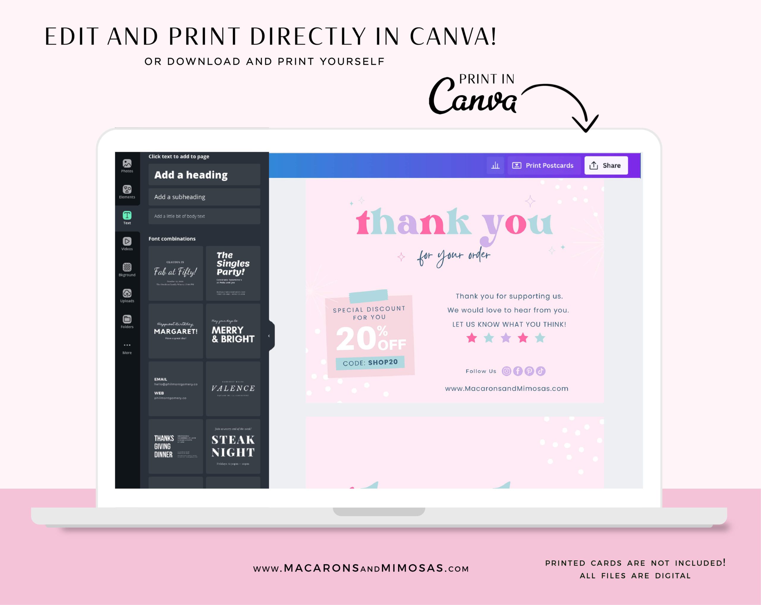 Canva thank you card Template in bright pink and purple, Customizable fun and colorful Packaging Insert Card, DIY Aesthetic Discount Coupon Thank You design