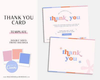 Bright Retro Thank You Card Template, Customizable fun and colorful Packaging Insert Card, DIY Aesthetic Discount Coupon Thank You Canva Template