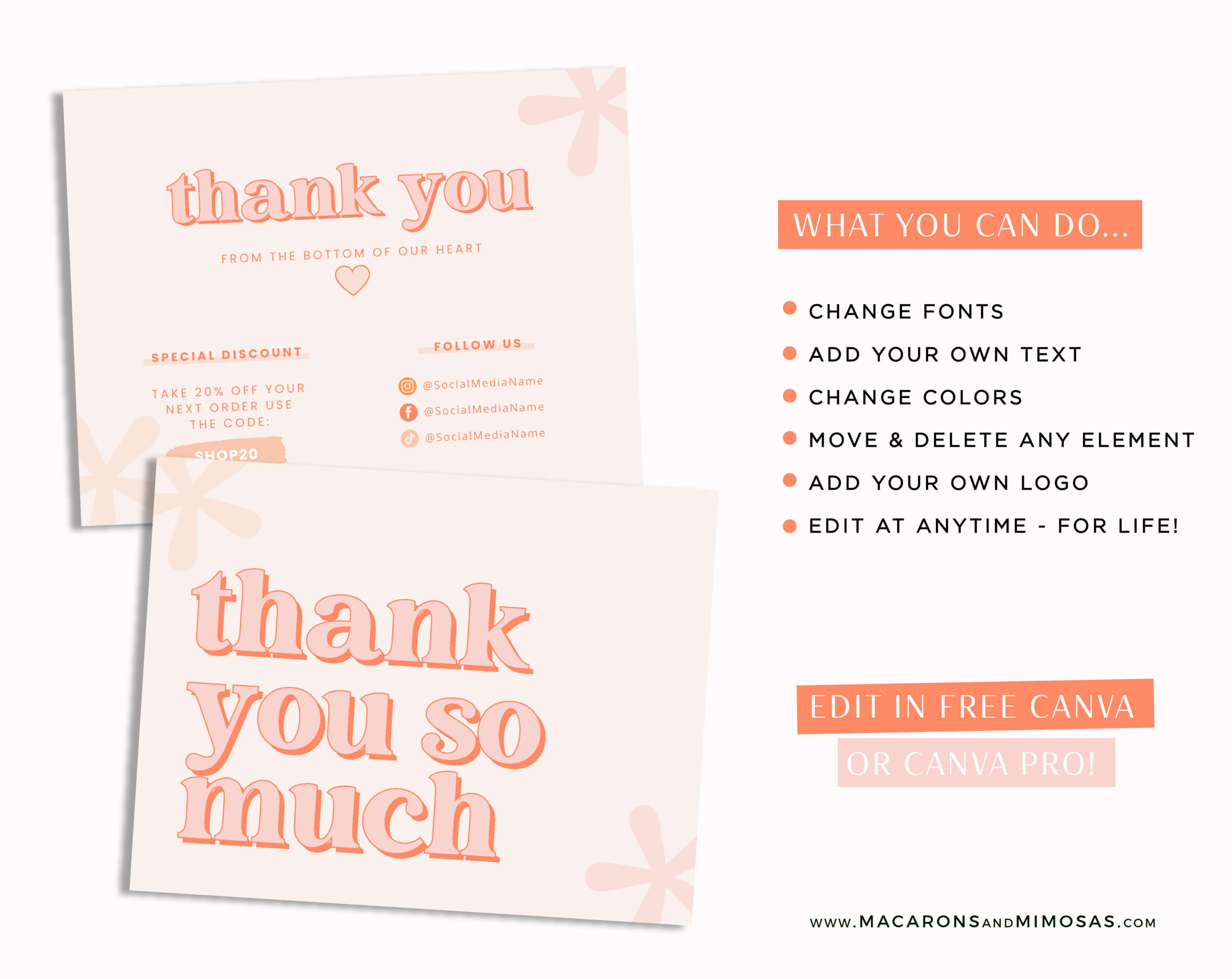 Pink Orange Boho Thank You Card Template, Customizable Pink and Orange Packaging Insert Card, DIY Aesthetic Discount Coupon Thank You For Your Order