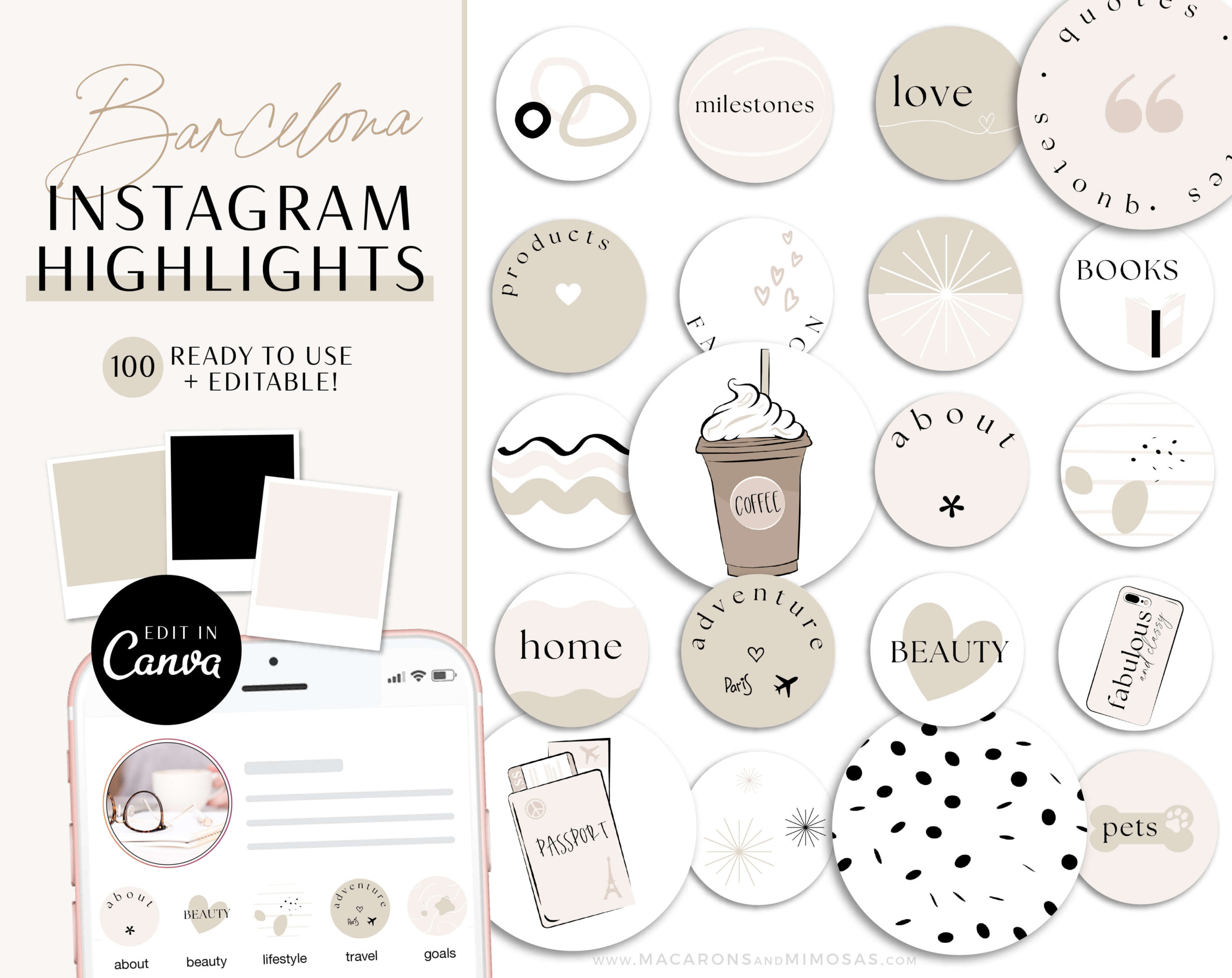 Instagram Highlights Canva Templates Beige and Black, Covers for Instagram Stories Minimal, Beige IG Highlight Covers, DIY Canva Instagram Icons